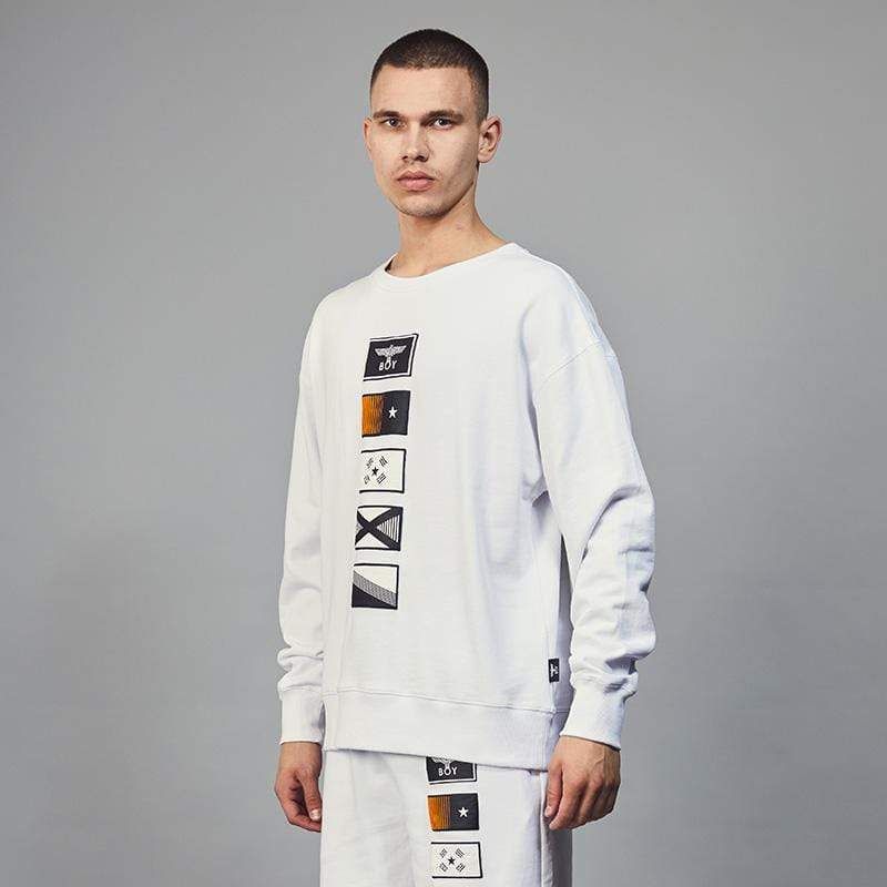 A round neck sweatshirt with five puff printed flag designs in the centre of the sweatshirt and BOY London printed along the back of the right shoulder.