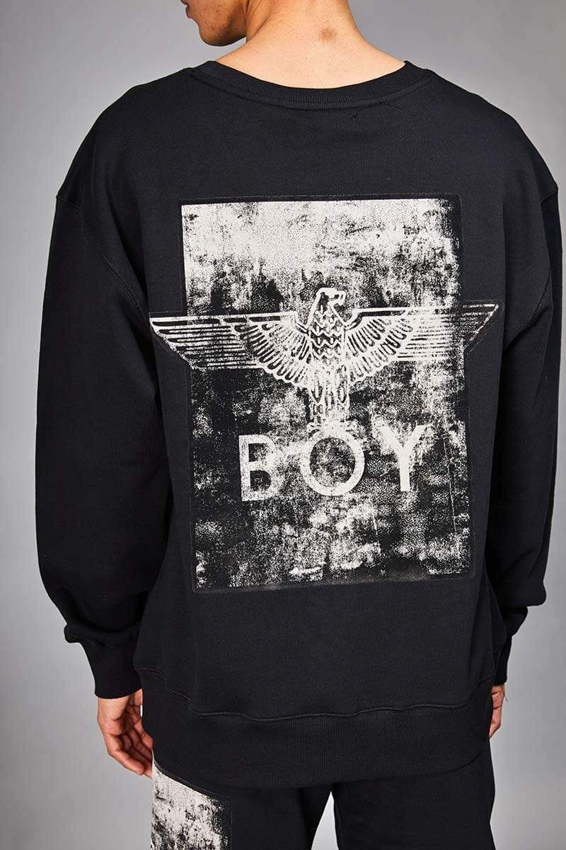 Black Sweatshirt with BOY Eagle flock print at the back, Boy London Eagle Logo on denim patch, Oversized fit