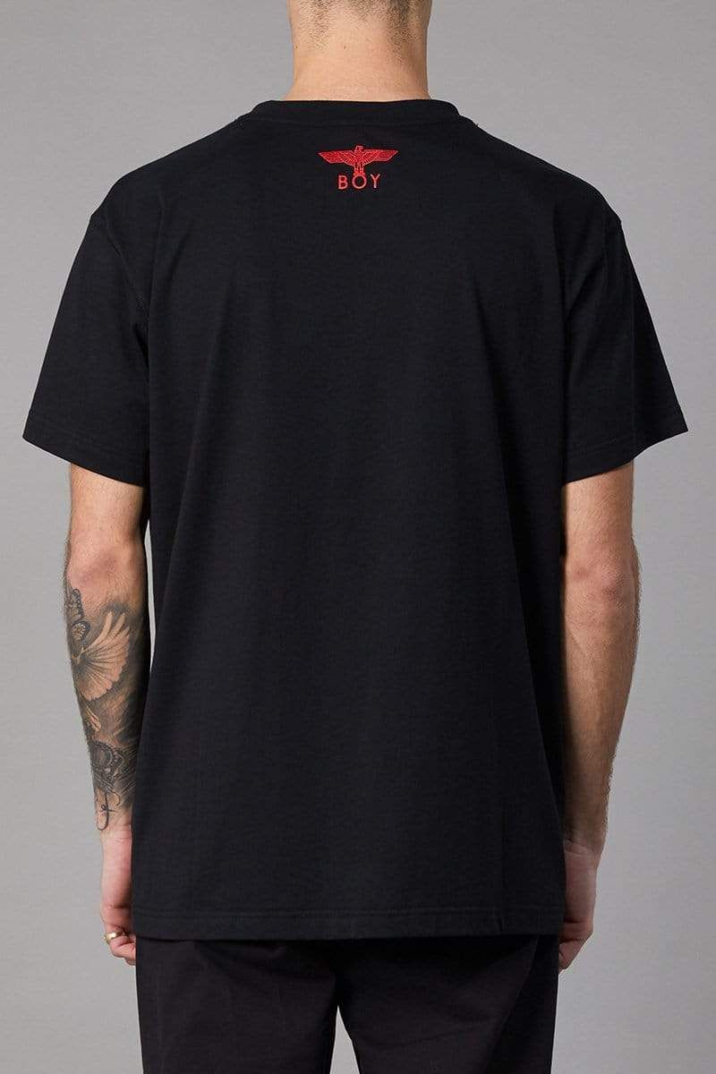 Short sleeve, crewneck collar t-shirt with nostalgic, BOY London collage artwork printed on front. Featuring the BOY eagle logo printed on back and tag sewn on left sleeve