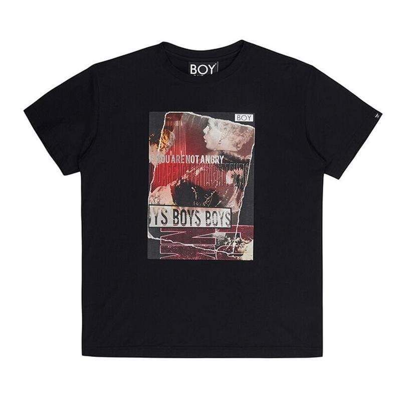 Short sleeve, crewneck collar t-shirt with nostalgic, BOY London collage artwork printed on front. Featuring the BOY eagle logo printed on back and tag sewn on left sleeve