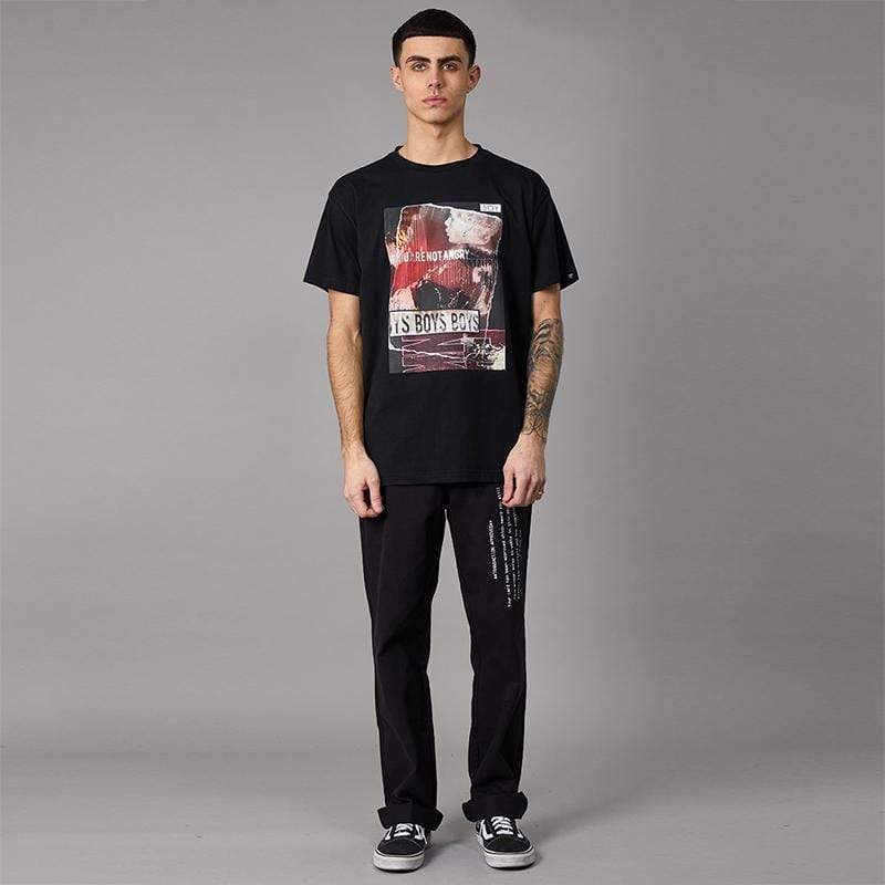 Short sleeve, crewneck collar t-shirt with nostalgic, BOY London collage artwork printed on front. Featuring the BOY eagle logo printed on back and tag sewn on left sleeve