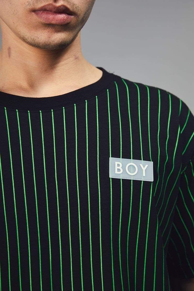 Black t-shirt with green pinstripe. The design features the rubberised BOY badge logo on the chest and the BOY Eagle Matrix 3M graphic printed on the back