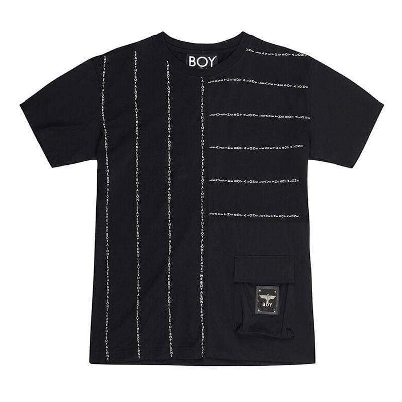 Heavy-weight t-shirt with metal BOY Eagle logo badge attached to utility style front pocket. 'leave the BOY alone' script printed all over