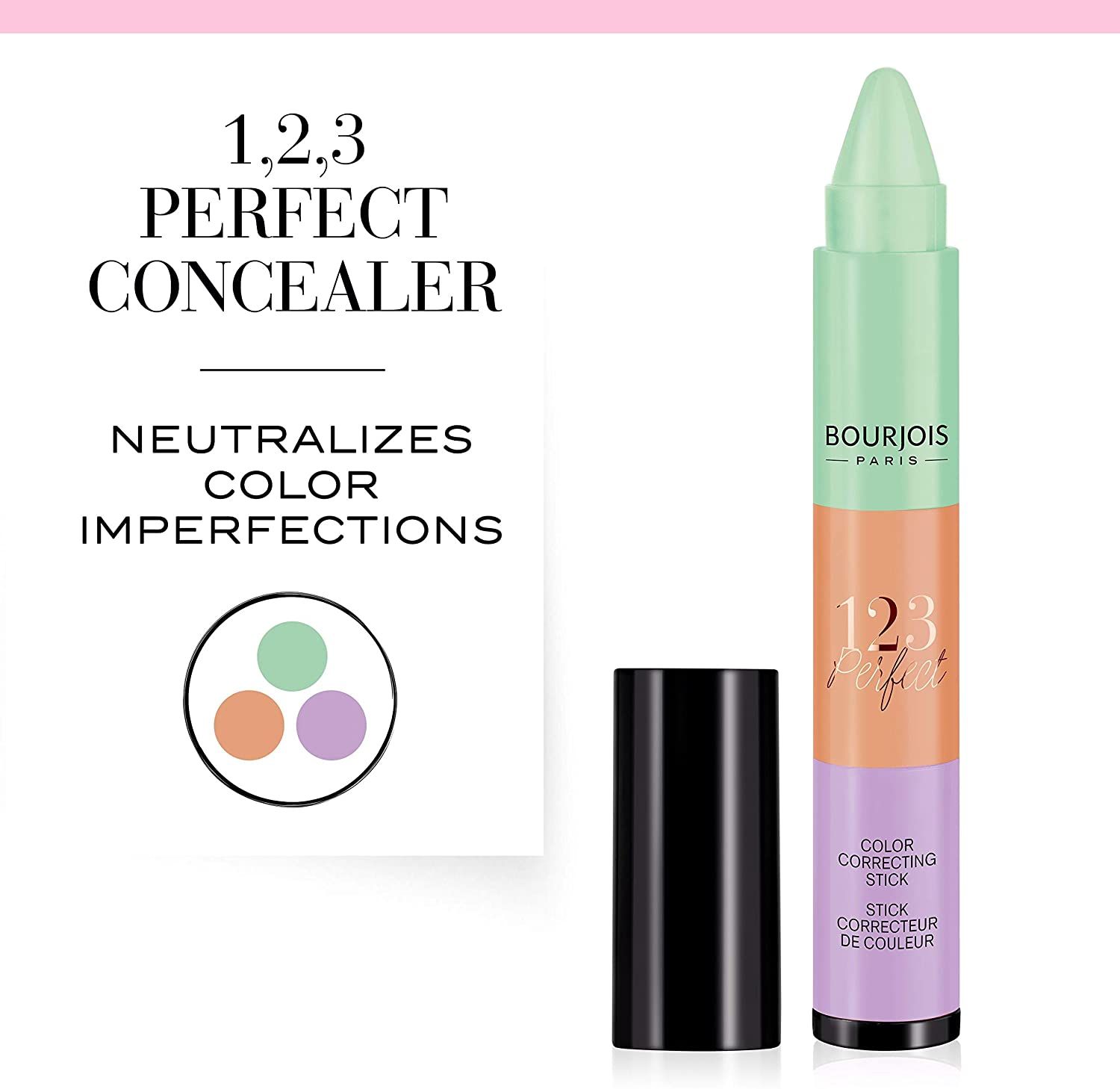 Bourjois 123 Perfect Colour Correcting Stick is your multi-tasking must-have. This stackable colour correcting stick is the perfect addition to your makeup bag - it corrects colour, conceals redness, dark circles and spots so your complexion always looks perfect. It consists of 3 different shades closed in one package: green (eliminates redness), peach (eliminates bruising) and purple (eliminates discoloration). It has a pleasant, creamy formula that nicely applies to the skin and blends. In addition, it makes the skin soft and smooth.