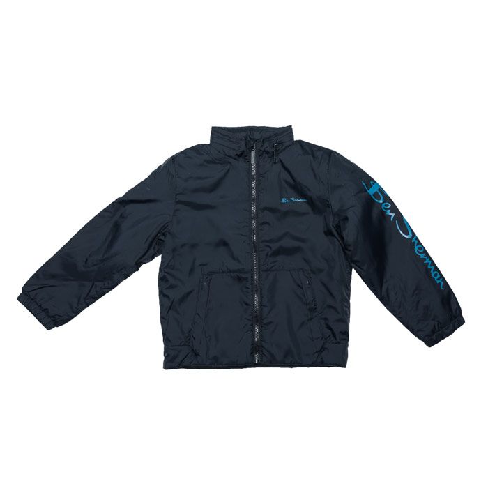 Junior Boys Ben Sherman Windcheater Jacket in navy.<BR><BR>- Ben Sherman logo to the left of the chest.<BR>- Central zip fastening.<BR>- Ben Sherman script logo to the left sleeve.<BR>- Concealed hood.<BR>- Two zip side pockets.<BR>- Elasticated cuffs and hem.<BR>- Inner chest pocket.<BR>- Fleece lining.<BR>- 100% Polyester. Machine washable.<BR>- Ref: BSS0432203