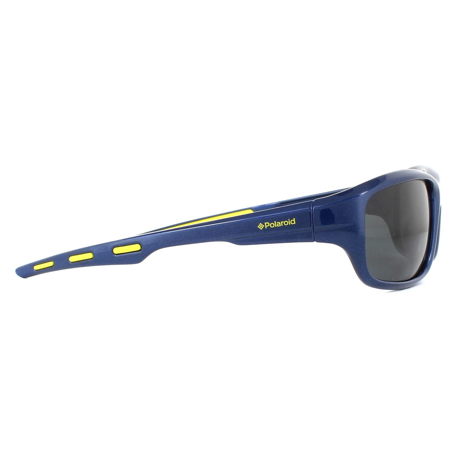 Polaroid Kids Sunglasses P0425 KEA Y2 Blue Lime Grey Polarizedare a great wrap-around style for kids with some nice colour accents along the temples and Polaroid logo.