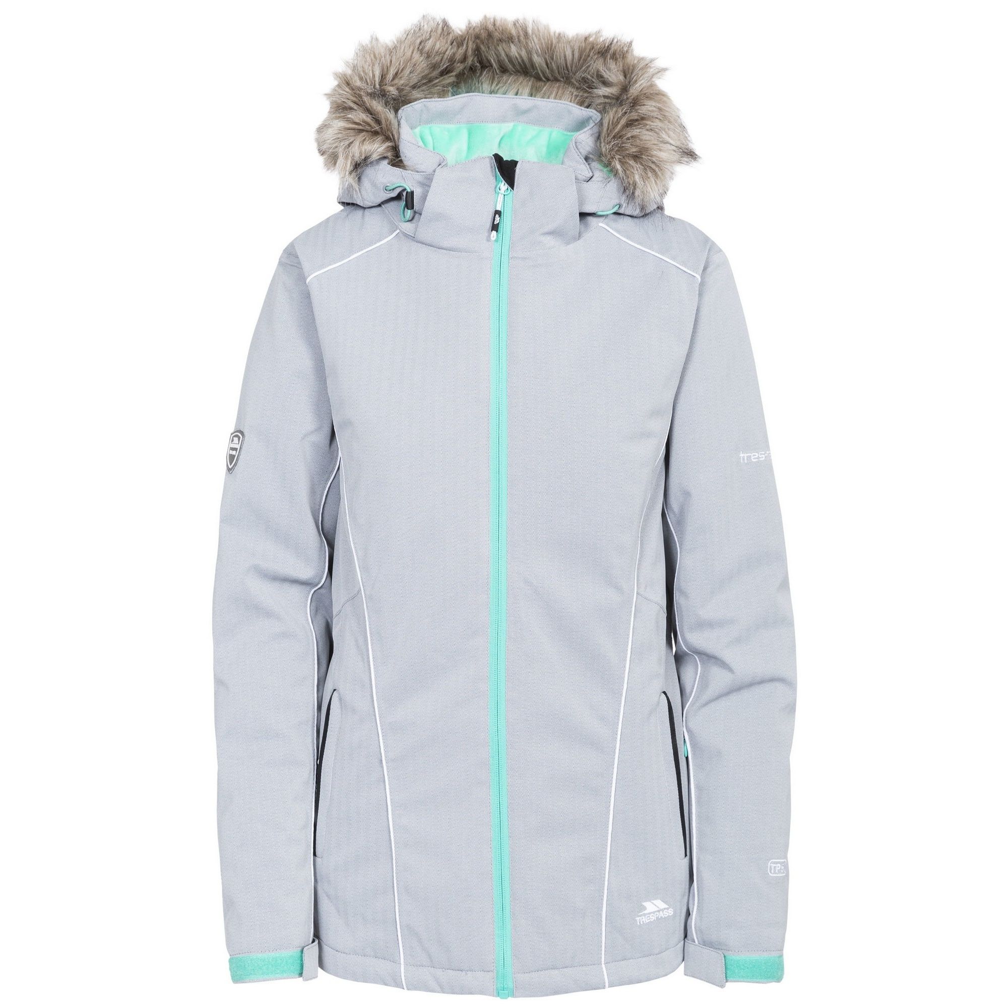 100% polyester. Womens ski jacket with faux fur lined hood. Touch fastening sleeves. 2 x front pockets. Full zip. Ideal for skiing.