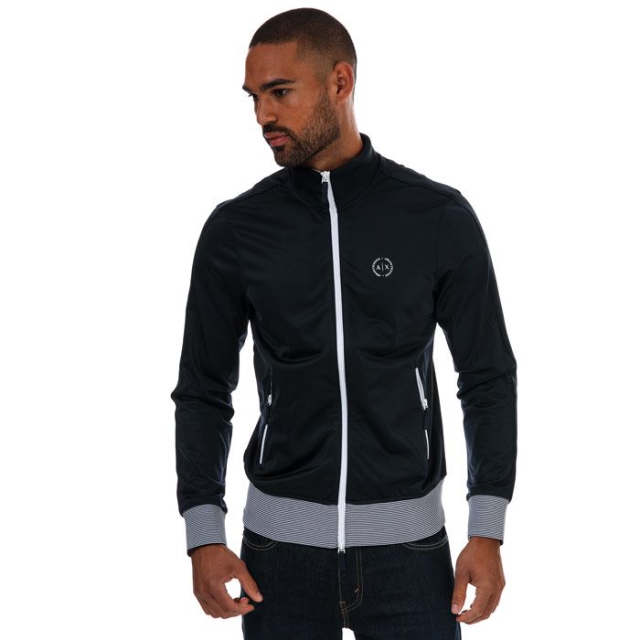 Mens Armani Exchange Trim Zip Track Jacket in navy.- Funnel neck.- Long sleeves.- Full zip fastening.- Two side zipped pockets.- Circle logo at left chest.- Striped cuffs  hem  and collar lining.- 100% Polyester. Machine washable.- Ref: 8NZM91JM8Z1510