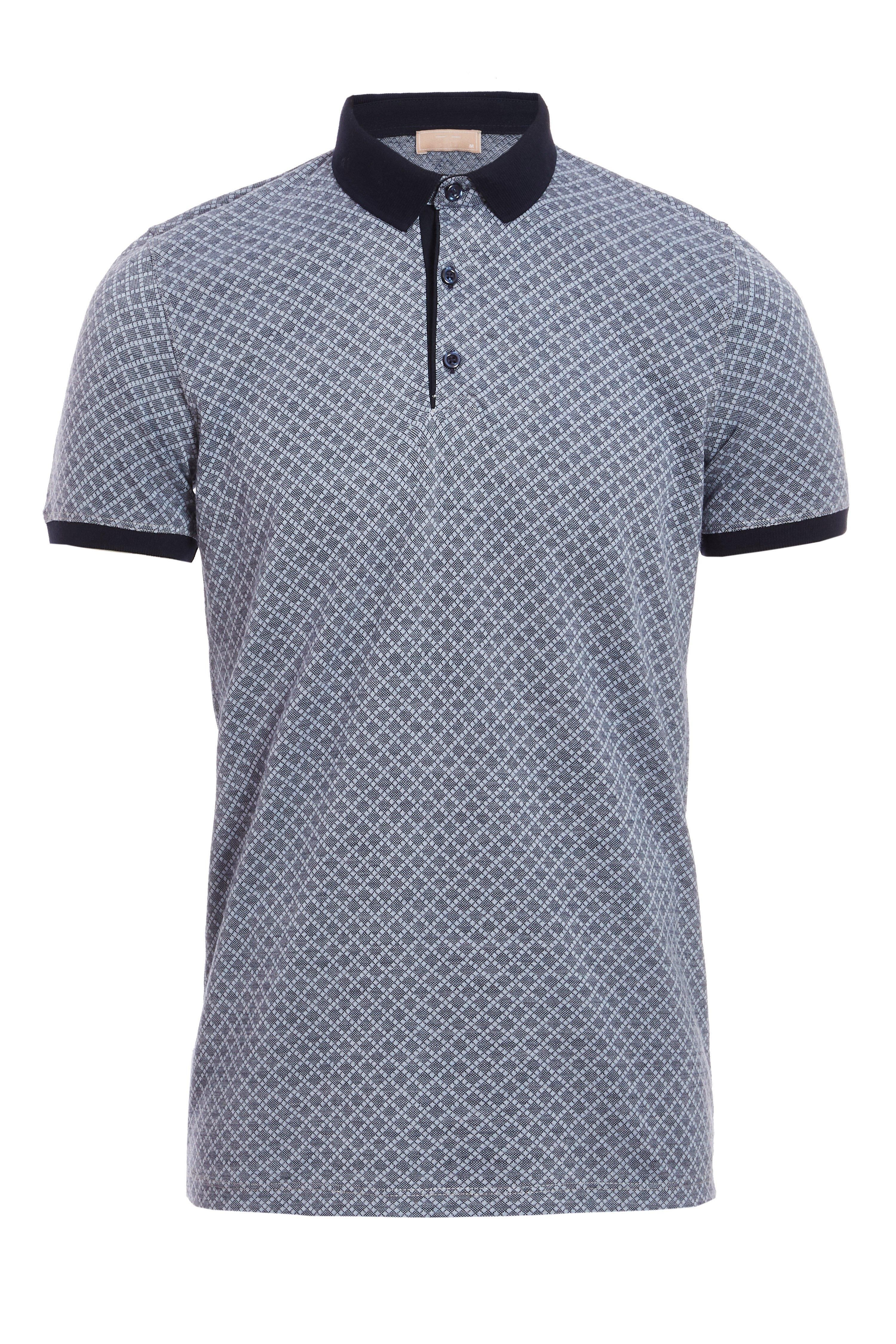 Printed Polo  	Diamond Pattern  	Short Sleeves  	2 Button Fastening  	Contrast Collar and Piping