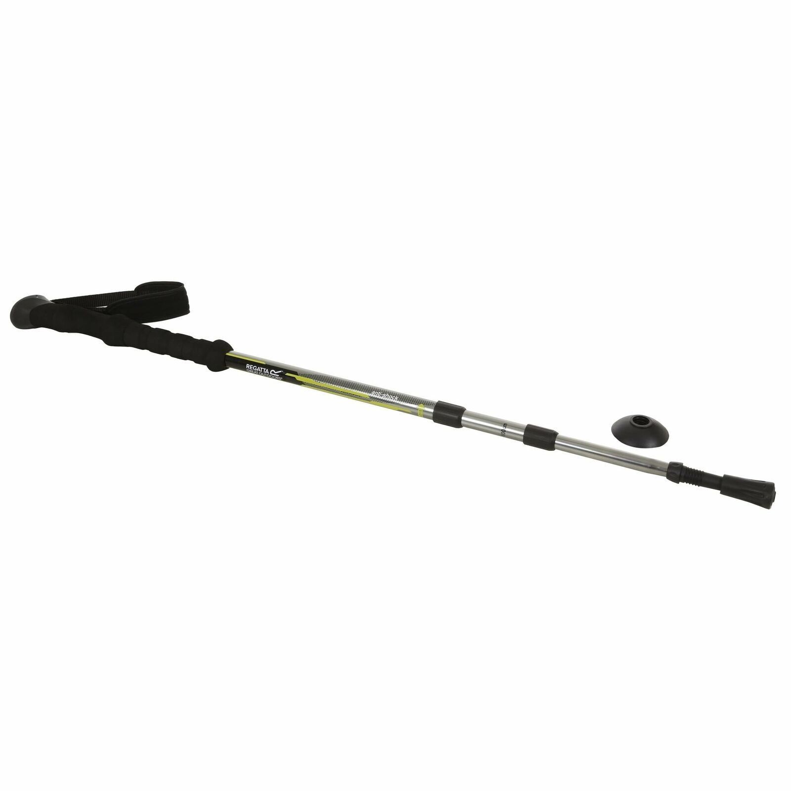 Lightweight aluminium tubing. Telescopic height adjustment. Moulded rubber grip handle. Adjustable wrist support. Anti shock absorber.