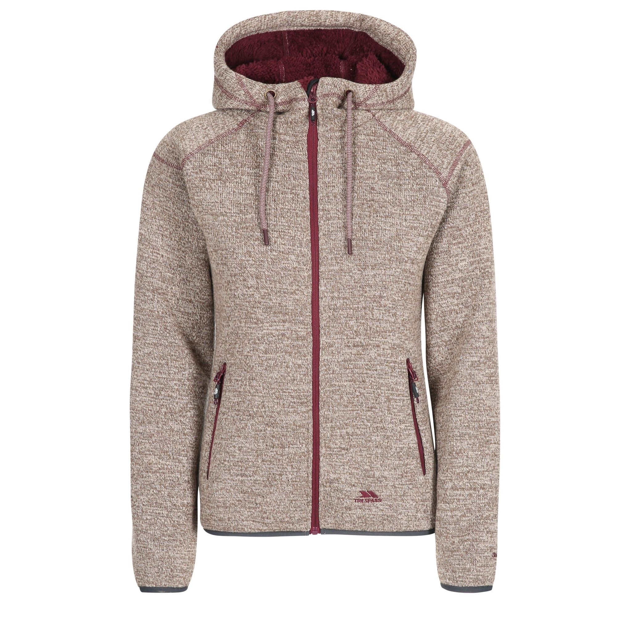 Bonded knitted marl fleece. Long haired contrast fleece at back. Full front zip. 2 zipped hand pockets. Grown on hood. Stretch binding at cuffs and hem. Airtrap. 500gsm. 70% Polyester, 30% Acrylic. Trespass Womens Chest Sizing (approx): XS/8 - 32in/81cm, S/10 - 34in/86cm, M/12 - 36in/91.4cm, L/14 - 38in/96.5cm, XL/16 - 40in/101.5cm, XXL/18 - 42in/106.5cm.