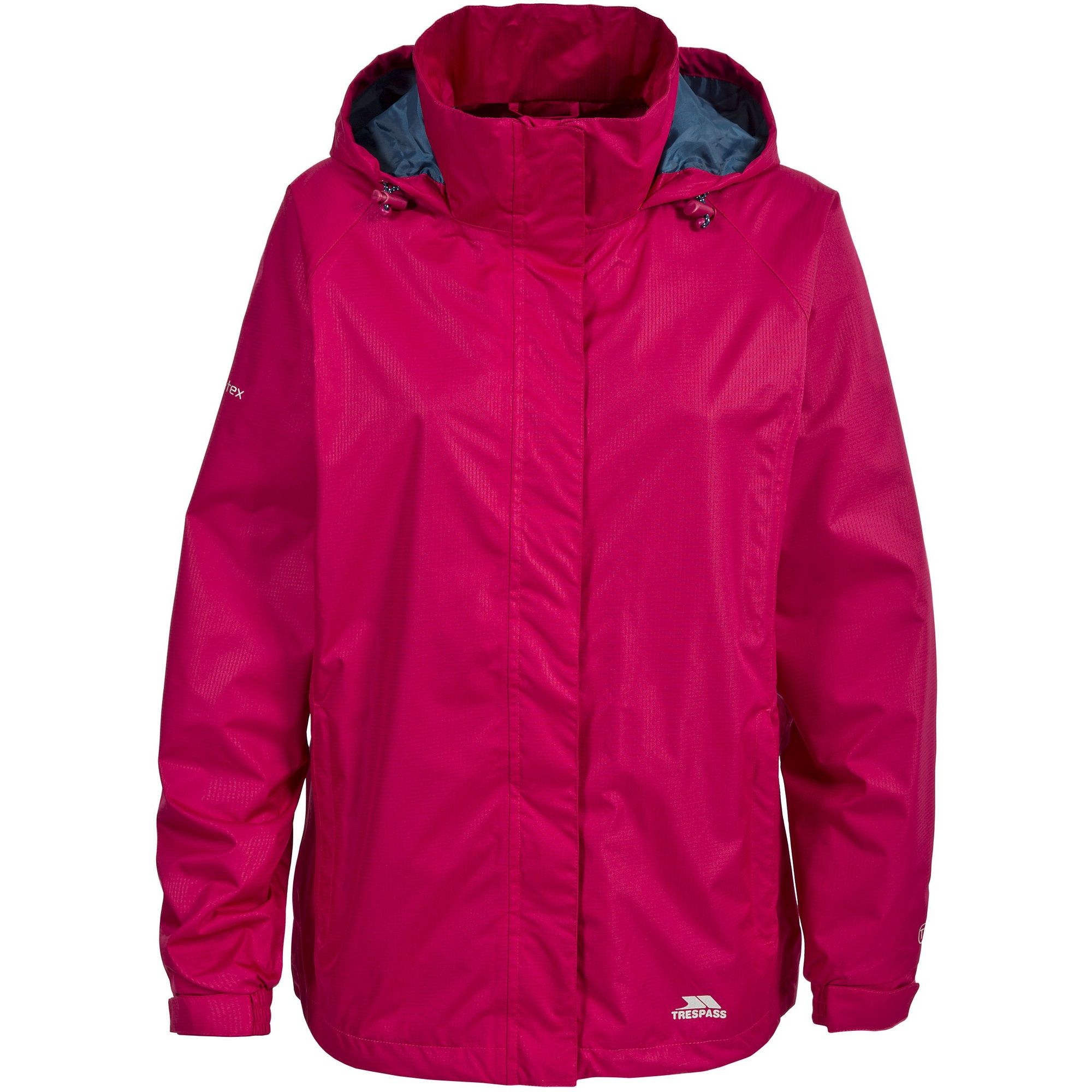 Waterproof jacket with contrast mesh lining. Hood packs into collar. 2 zips pockets. Elasticated cuffs with adjustable tabs. Drawcord at hem. Waterproof 3000mm, breathable 3000mvp, windproof, taped seams. Shell: 100% polyester. Lining: 100% polyester mesh. Trespass Womens Chest Sizing (approx): XS/8 - 32in/81cm, S/10 - 34in/86cm, M/12 - 36in/91.4cm, L/14 - 38in/96.5cm, XL/16 - 40in/101.5cm, XXL/18 - 42in/106.5cm.
