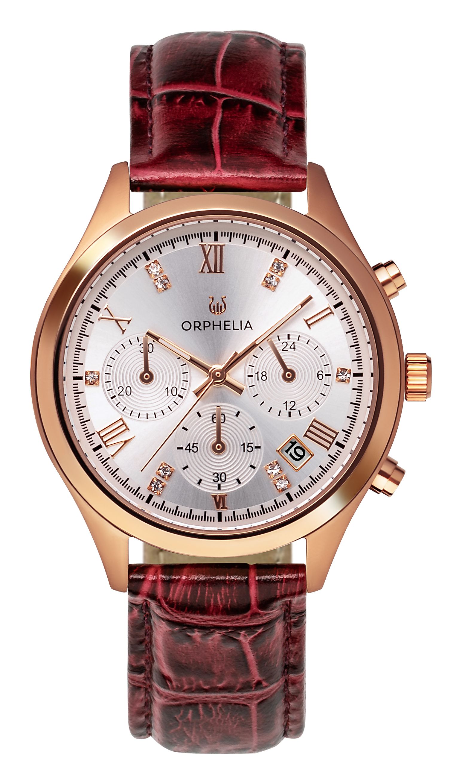 This Orphelia Regal Chronograph Watch for Women is the perfect timepiece to wear or to gift. It's Pink 38 mm Round case combined with the comfortable Burgundy Leather watch band will ensure you enjoy this stunning timepiece without any compromise. Operated by a high quality Quartz movement and water resistant to 5 bars, your watch will keep ticking. MODERN LUXURY DESIGN: This Orphelia Regal Chronograph watch with a Miyota Japanese Quartz movement includes a date display. The dial is setted with beautifull stones with Roman numeral. Some extra features  are 24 hour display and Luminous Hands. This watch will give you a Luxery look. PREMIUM QUALITY: By using high-quality materials, Glass: Mineral Glass, Case material: Stainless steel, Bracelet material: Crocodile-embossed Leather- Water resistant: 5 bars COMPACT SIZE: Case diameter: 38 mm, Height: 10 mm, Strap- Length: 22 cm, Width: 17 mm. Due to this practical handy size, the watch is absolutely for everyday use-Weight: 44 g