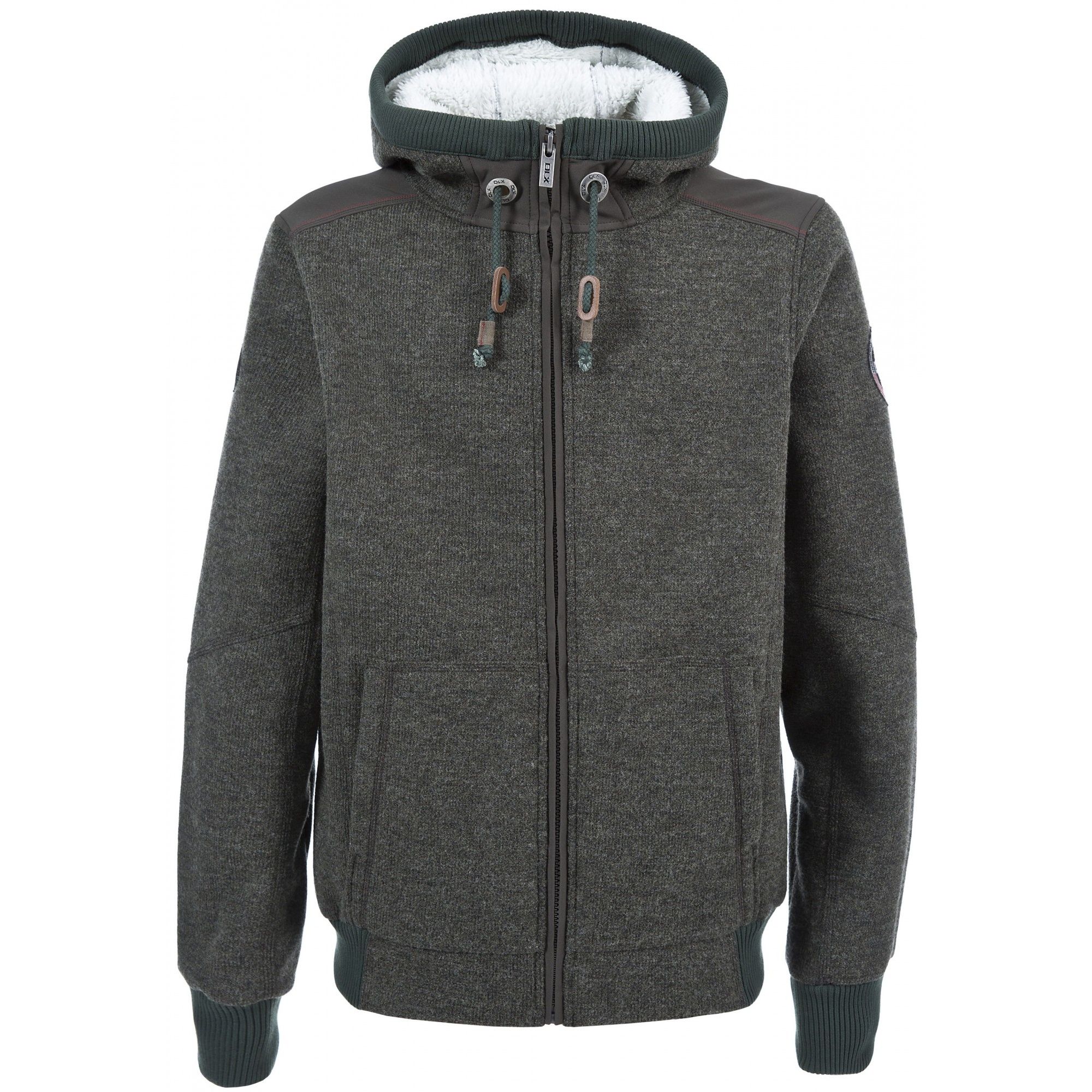 Mens knitted fleece jacket. Bonded fleece lining. Grown on hood. Contrast panel details. 2 pockets. Knitted collar and cuffs. Main: 76% Polyester, 17% wool, 7% nylon, Trim: 94% Polyester, 6% spandex. Machine washable.