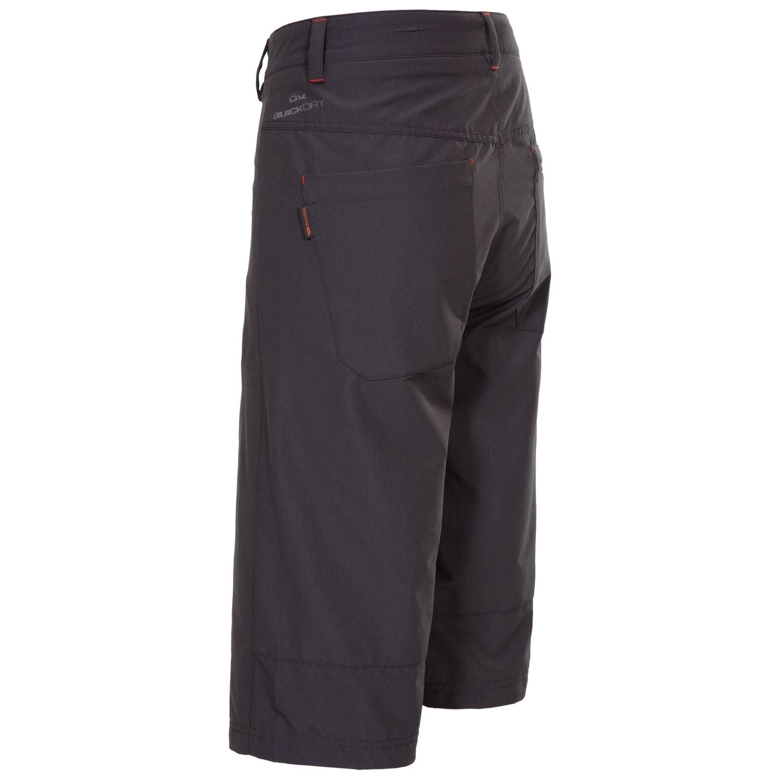 Flat waist with belt loops. Front fly opening. Long short, below the knee. Knee darts. 4 zip pockets. UV 40+. Comfort stretch. Quick dry. 95% Polyamide, 5% Elastane. Trespass Mens Waist Sizing (approx): S - 32in/81cm, M - 34in/86cm, L - 36in/91.5cm, XL - 38in/96.5cm, XXL - 40in/101.5cm, 3XL - 42in/106.5cm.