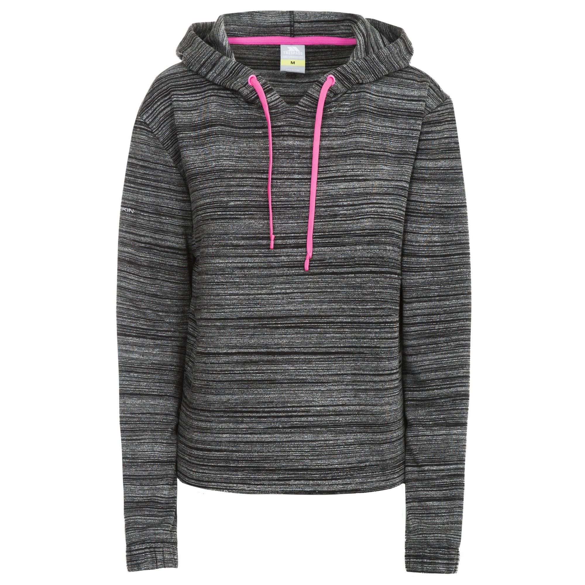 Active hooded top. Grown on adjustable hood. Elasticated cuffs. Relaxed fit. Reflective printed logos. Wicking. Quick dry. 79% viscose, 21% polyester. Trespass Womens Chest Sizing (approx): XS/8 - 32in/81cm, S/10 - 34in/86cm, M/12 - 36in/91.4cm, L/14 - 38in/96.5cm, XL/16 - 40in/101.5cm, XXL/18 - 42in/106.5cm.