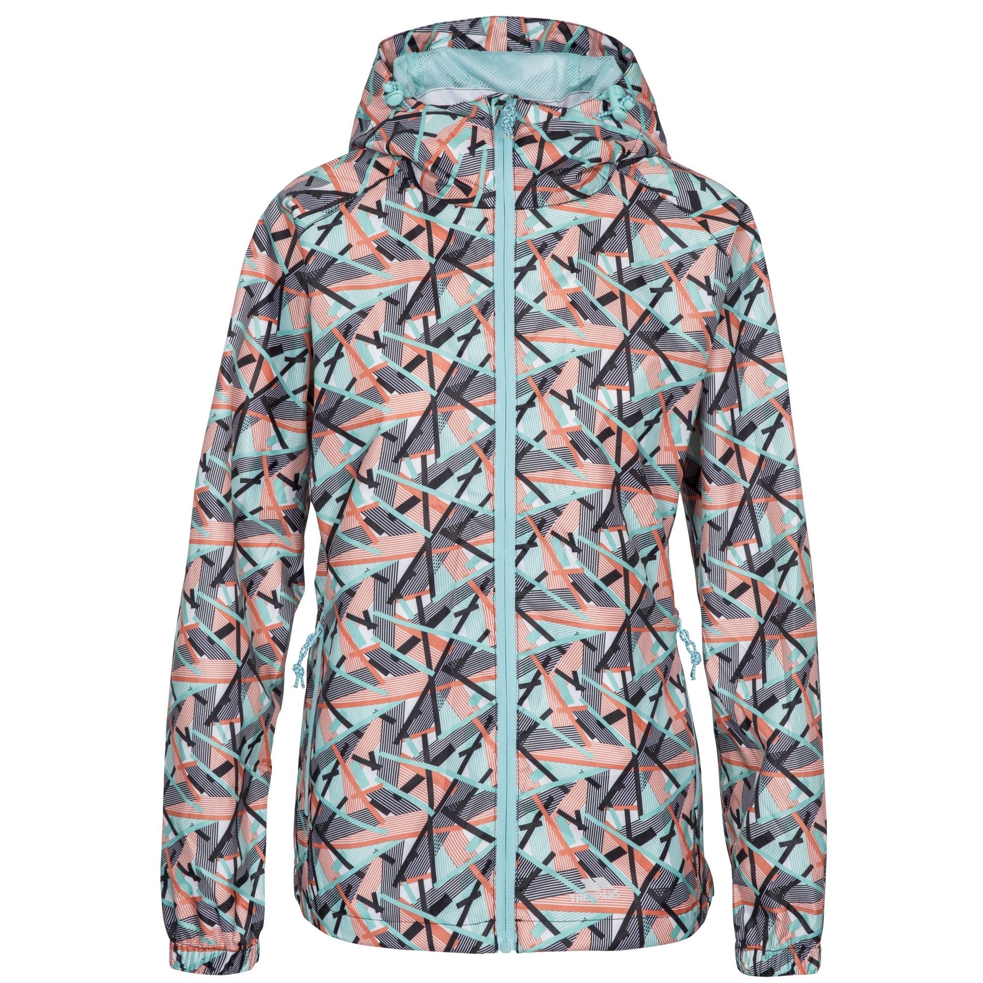 Printed shell. Contrast mesh lining. Adjustable grown on hood. 2 zip pockets. Full elasticated cuff. Contrast zips. Inner storm flap. Adjustable hem drawcord. Ventilated back yoke. Jacket packs away into pouch. Waterproof 5000mm, breathable 5000mvp, windproof, taped seams. Shell: 100% Polyester, PU coating, Lining: 100% Polyester. Trespass Womens Chest Sizing (approx): XS/8 - 32in/81cm, S/10 - 34in/86cm, M/12 - 36in/91.4cm, L/14 - 38in/96.5cm, XL/16 - 40in/101.5cm, XXL/18 - 42in/106.5cm.