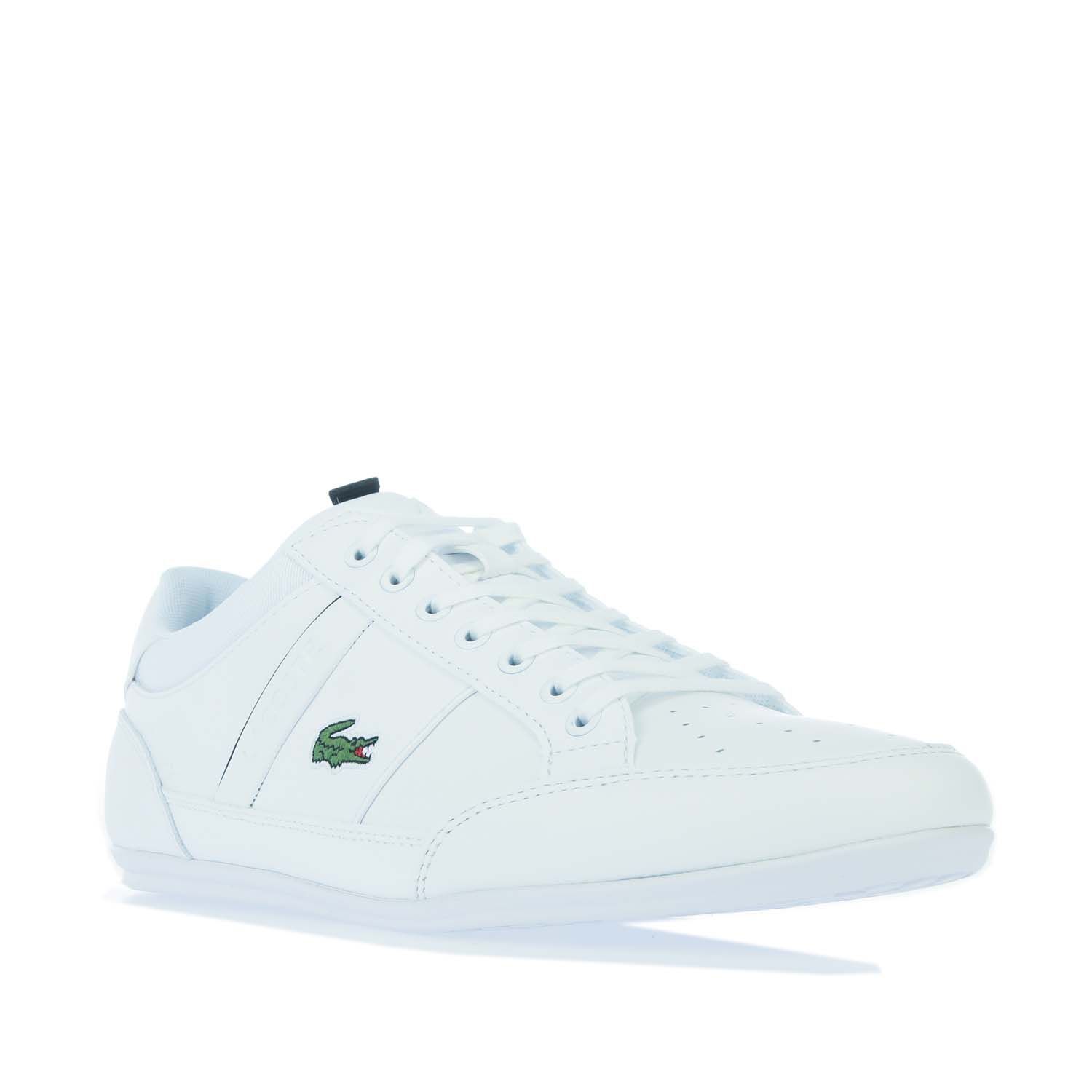 Mens Lacoste Chaymon Trainers in white black.- Synthetic and leather uppers. - Lace up closure.- Embroidered green crocodile on the quarter. - Pared-back design in tonal shades for maximum versatility.- Rubber outsole.- Leather upper  Textile linings.- Ref: 742CMA0014147