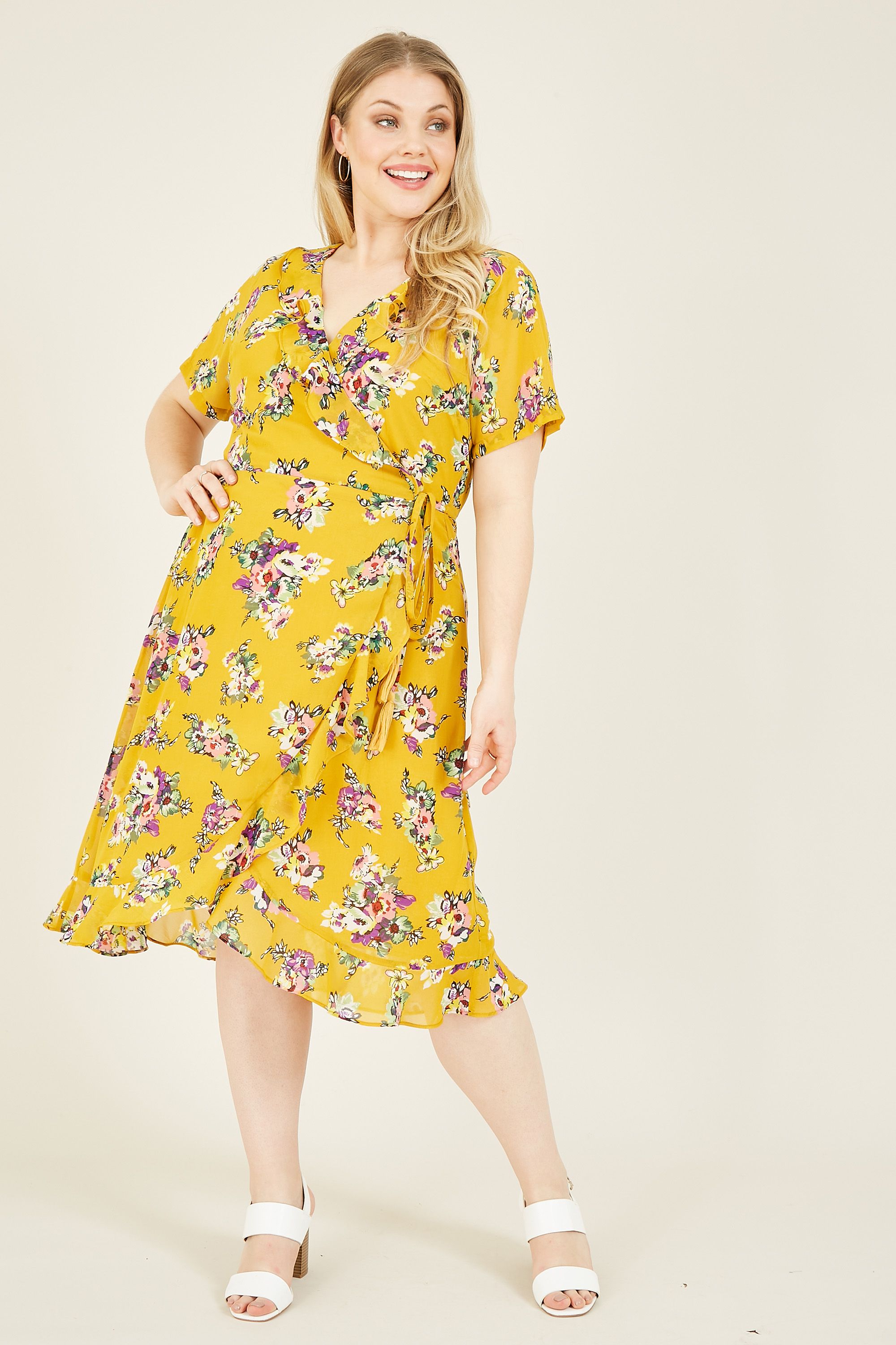 YUMI CURVE Yellow Floral Wrap Frill Dress