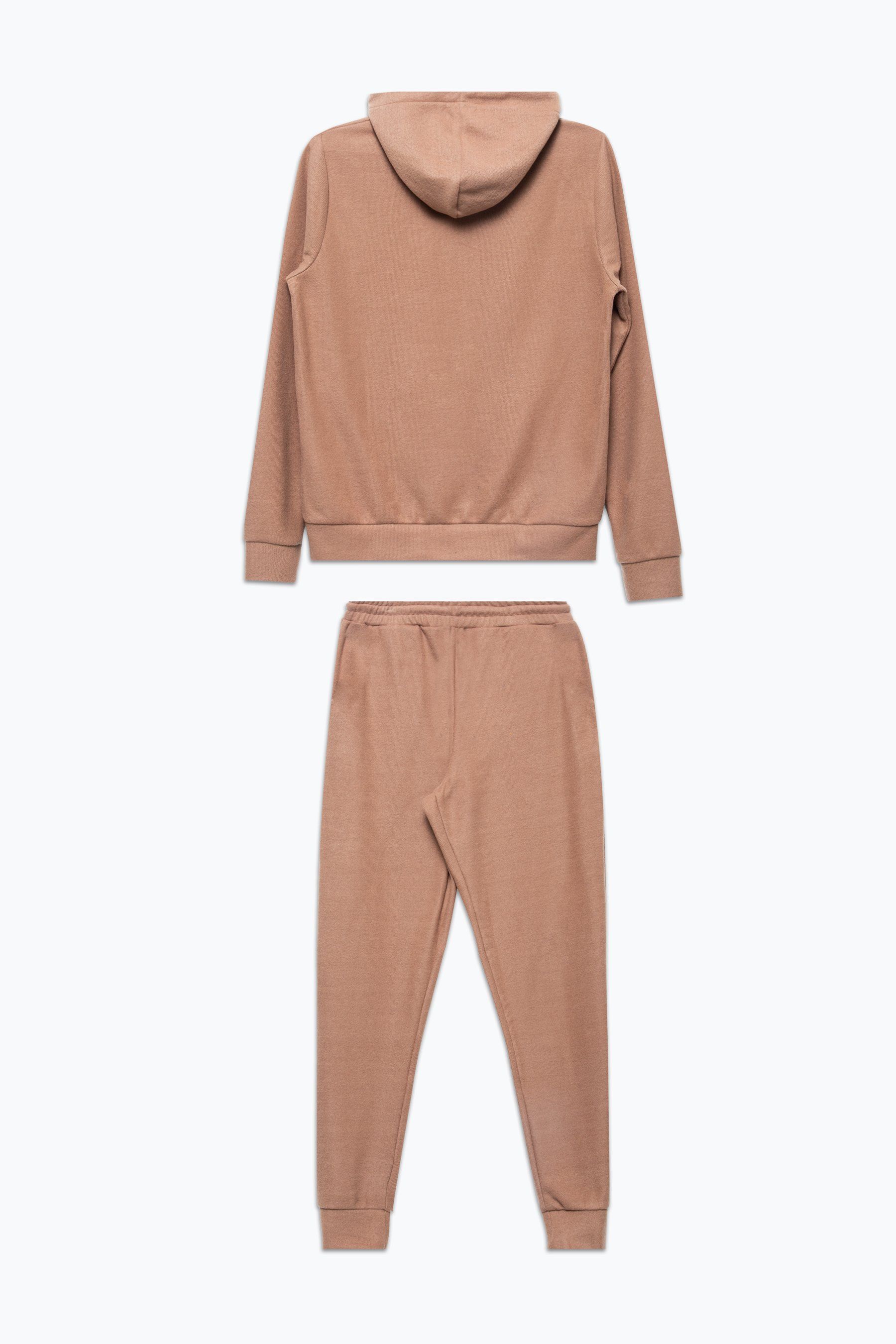 Loungewear is still in! Put comfort first in the HYPE. Brown Faux Knit Womens Tracksuit Set. Designed in a brown colour palette in a 100% polyester fabric base for the ultimate soft-touch and breathable space. The womens hoodie feature a fixed hood, kangaroo pocket, drawstring pullers and fitted cuffs and hem. The joggers boast an elasticated waistband, with fitted cuffs and drawstring pullers. Wear together or as stand alone pieces. Machine Washable.