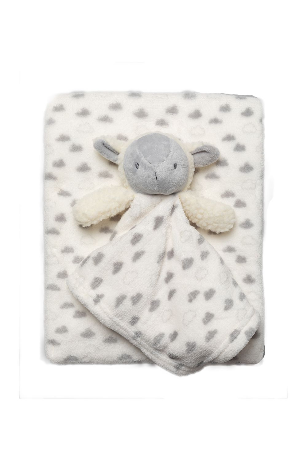 This adorable Snuggle Tots comforter and blanket set make the perfect gift for the little one in your life. The two-piece set features a beautiful, fluffy blanket with a grey cloud print all over, and a comforter with the same print with a cuddly sheep toy attached. This set makes a lovely baby shower present.
