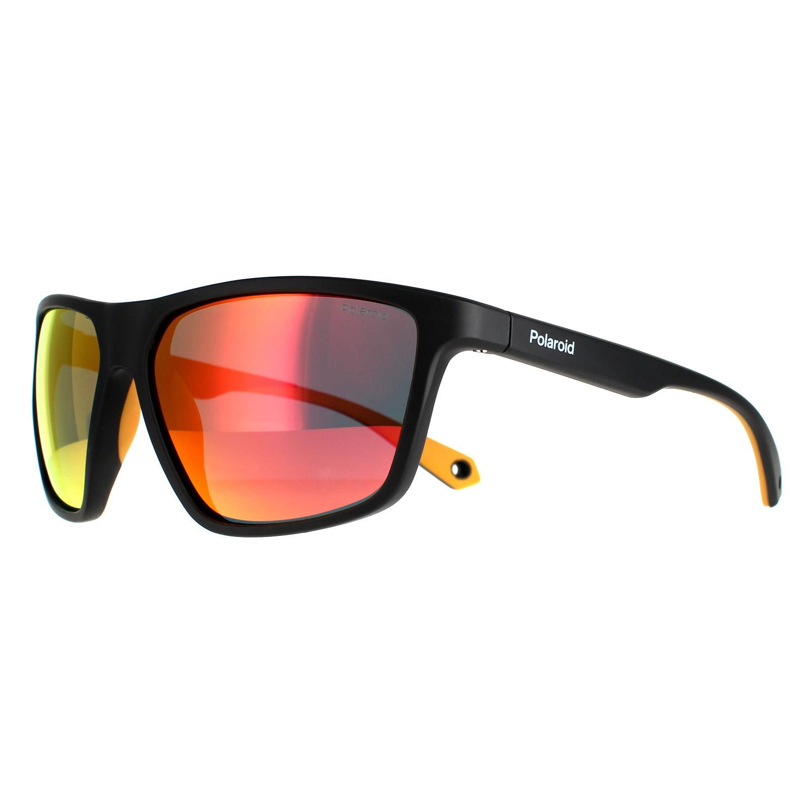 Polaroid Wrap Mens Black Yellow Red Mirror Polarized PLD 7040/S  Polaroid are a sporty wrap around style made from lightweight plastic with Polaroid branding on the temples and a strap removable strap to hold the sunglasses in place.