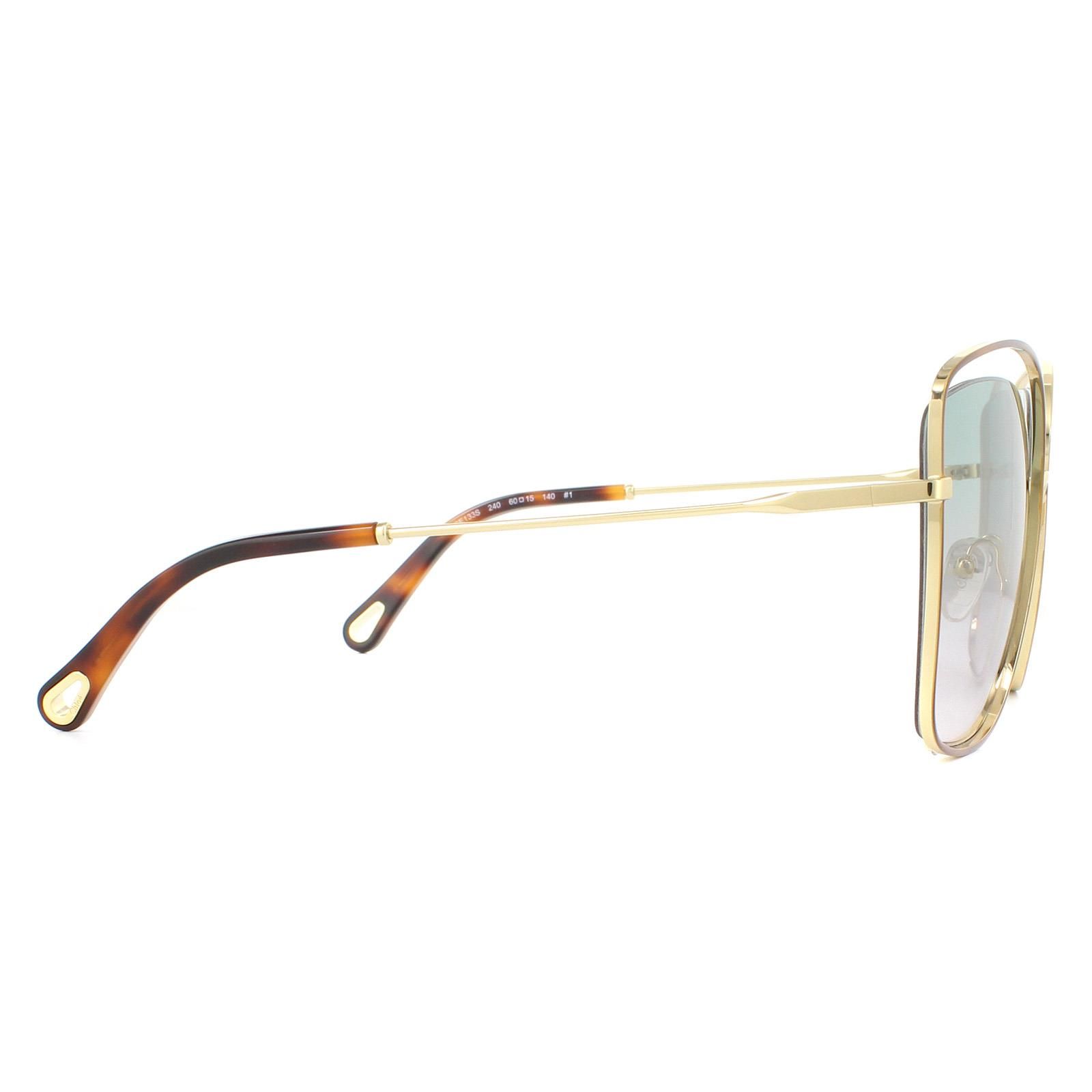 Chloe Sunglasses CE133S Poppy 240 Havana Gold Green Rose Gradient are a gorgeous style for women with large square lenses and an unusual double rim frame. Thin metal temples are tipped with plastic for comfort and feature the Chloe logo etching.