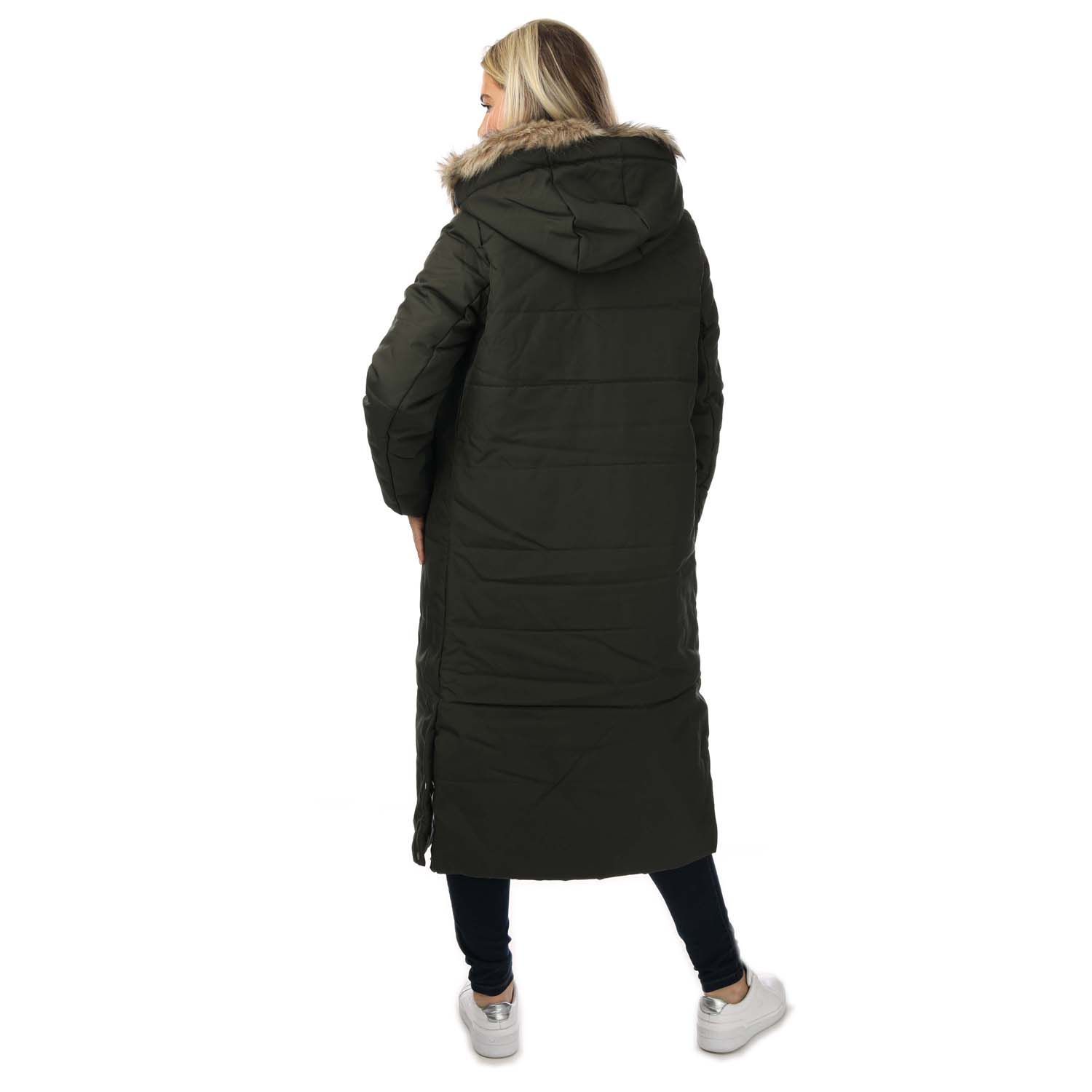 Womens Vero Moda Addison Long Coat in black.- Faux fur lined hood.- Two-way zipper.- Pockets to sides with popper closure.- Elasticated cuffs for extra warmth.- Full padded.- Horizontal stitch detail.- Fully lined.- 100% Polyester.  Machine washable.- Ref: 10267116