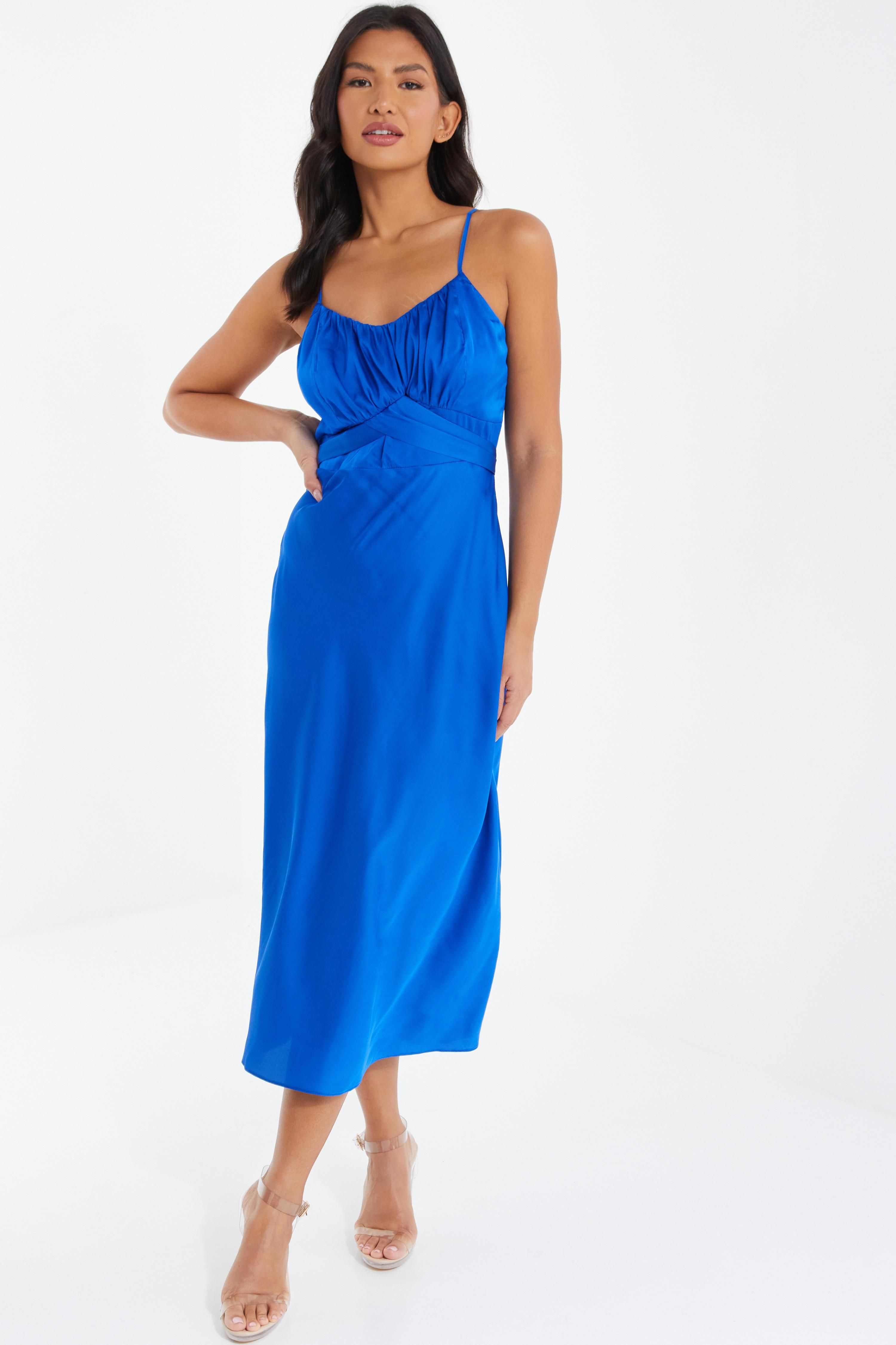 Royal Blue Satin Ruched Midi Dress