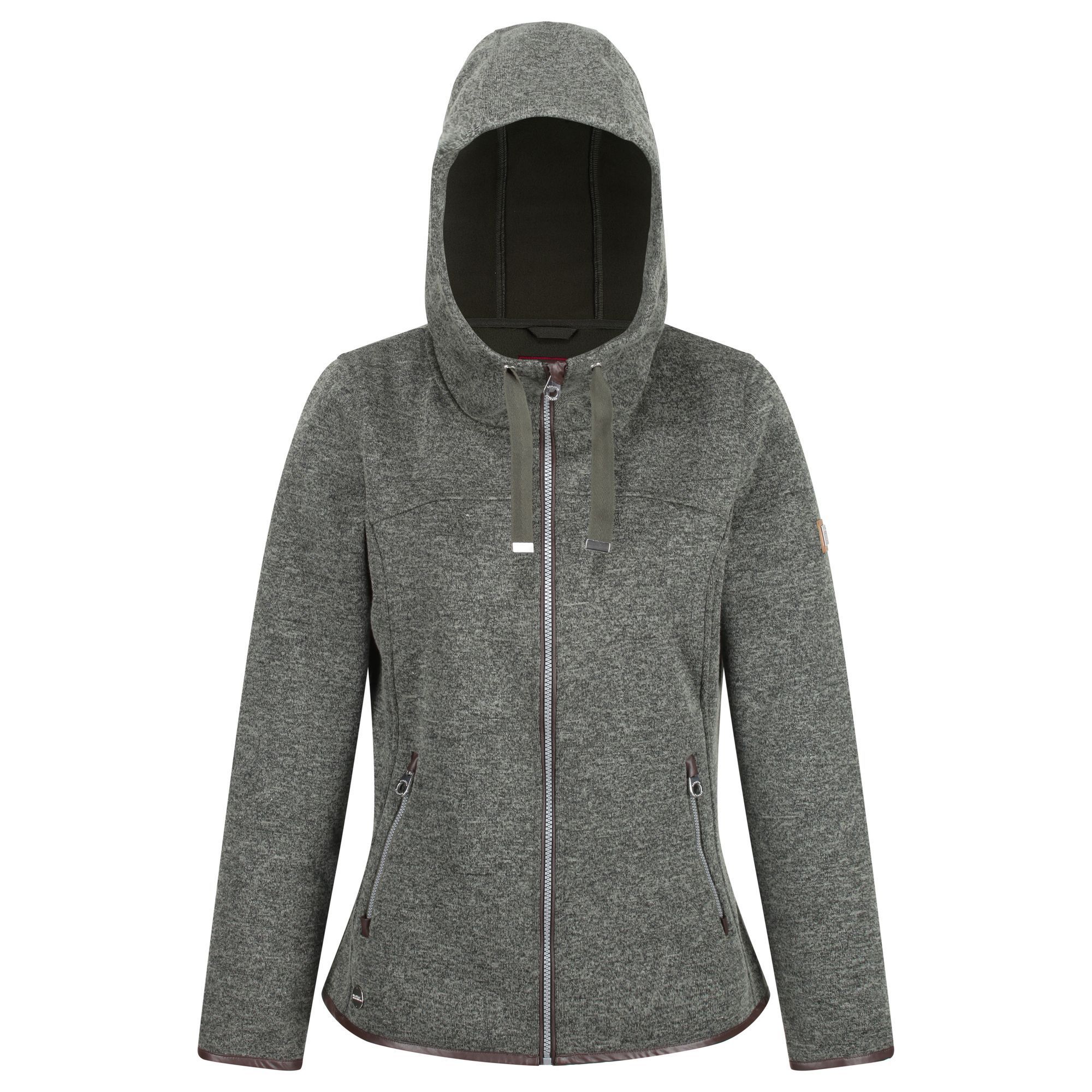 85% polyester/15% rayon wool knit effect fleece. Grown on hood with adjusters. Leatherette trim detail. 2 zipped lower pockets.