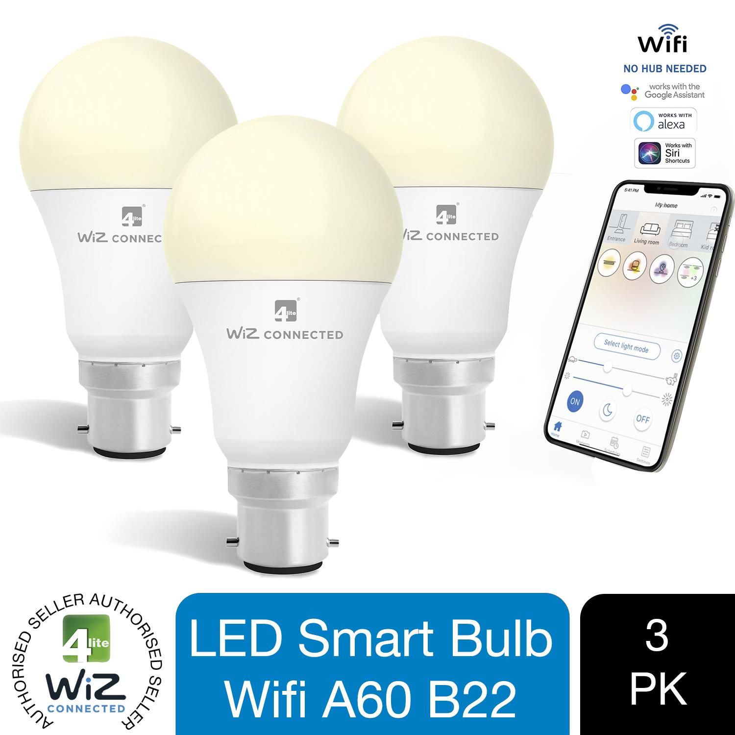 WiZ LED A60 Smart Bulb Wifi BC (B22) Warm White & Dimmable, 3 Pack
Bring human-centric lighting into your living and working environments with this smart LED A60 whites bulb. Retrofit into any lamp shade and choose the lighting conditions which suit you best from a wide range that starts with soft warm white and ends with bright daylight. Wi-Fi connected.

Experience the ideal lighting in your home at any time of the day or night. Download the easy-to-use app via the Google Store or iOS App Store, and control your lights in a flash. It’s compatible with all Apple and Android smartphones, so everyone in the family can enjoy the WiZ experience. Or, if you want to adjust the bulb with your voice, you can use your Google Home or Amazon Alexa speaker. It’s never been simpler to create the ultimate atmosphere in your home.

The Wi-Fi enabled WZ20826011 is also compatible with other smart devices through IFTTT. It can notify you when your doorbell rings, or turn off when you get into bed. All you need is a B22 Bayonet fixture, and you can get started on revolutionising your lighting

Luminosity : 2,700K to 6,500K , CRI 80, 25,000 lifetime hours, 50,000 switching cycles, Non-directional light, 810lm ,  110cd

Physical : White, B22 base type, Heatsink: plastic and aluminium, 
Experience the ideal lighting in your home at any time of the day or night. Bring human-centric lighting into your living and working environments with this smart LED A60 whites bulb.