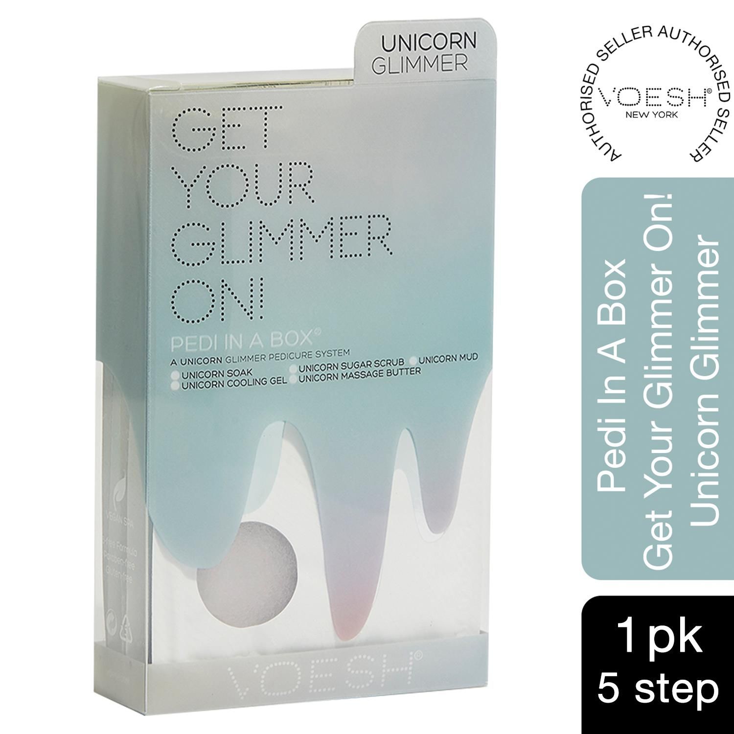 Voesh Get Your Glimmer On 5 Step Unicorn Glimmer Pedi In A Box Glimmer Spa.  Voesh glimmer Pedi in a box is the 5-step single-use pedicure experience. Definitely sparkly A pedicure with a whole lot of shimmers! For a party-ready skin that looks slimmer, brighter and refreshed.For a party-ready skin that looks slimmer, brighter and refreshed. Inspired by the magical mystical Unicorn, with hydrating and softening benefits of Peach. Set includes Unicorn Soak, Unicorn Sugar Scrub, Unicorn Mud, Unicorn Cooling Gel and Unicorn Massage Butter.  Made With Vanilla Bean Extract. 

The Perfect Pedi For:
DIY At-Home Pedicure
Date Night
Bachelorette Parties
Girls’ Night In

This kit contains:
Sea Salt Soak 35g: This soak helps relieve tension, stiffness, minor aches and discomfort in your feet. It helps detox and deodorize the feet.
Sugar Scrub 35g: The scrub gently exfoliates dead skin cells and helps soften your feet. Perfect for use on the soles on your feet.
Mud Masque 35g: The masque removes deep-seated impurities in your skin leaving your feet feeling clean and revived.
Cooling Gel Mask 35g: This gel-based mask helps cool and soothe your feet. It is packed with gold shimmer for a touch of luxury.
Massage Cream 35g: The massage cream hydrates and soothes skin. It softens the soles of your feet and helps prevent dryness and roughness.