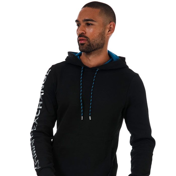 Mens Armani Exchange Mesh Detail Sleeve Hoody in black.- Hooded with drawstring adjustment.- Long sleeves.- Mesh panels at sides.- Oversized logo print at left arm.- Kangaroo pockets.- 100% Cotton. Machine washable.- Ref: 3ZZM79JR8Z1200