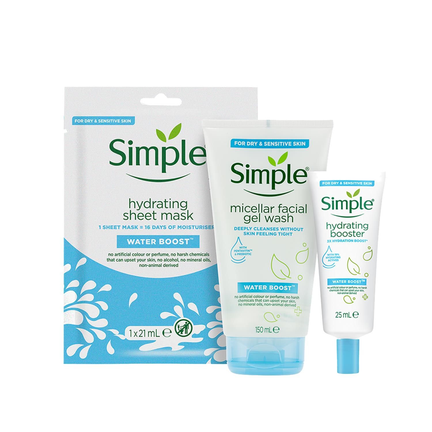 Who knew such a mighty boost in hydration could come from something so gentle and kind? Right from the get-go, the Simple philosophy has always been about being kind to even the most sensitive skin. Because all skin can be sensitive at times, we've put together this hydrating gift set with three Simple Water Boost products in a wonderful, Simple beauty bag - so even sensitive skin can be hydrated. 

Simple Water Boost Hydrating Booster is a water-based moisturiser rich in skin essential minerals and a plant extract that works as an invisible plaster to lock in moisture and provide long-lasting skin hydration. Their Water Boost Hydrating Gel Cream 50 ml completes this hydration regime trio. With its lightweight formulation, it leaves the skin feeling refreshed, supple, silky and smooth. 

Simple Water Boost Hydrating Sheet Mask helps to tackle the 5 early signs of dehydrated skin: dryness, dullness, dry dehydration lines, tightness, and roughness.
Simple Water Boost Micellar Facial Gel Wash with micellar cleansing technology to gently yet effectively cleanse your face, removing dirt and make-up. 

This Christmas give the gift of healthy-looking hydrated skin with this beauty bag gift set - the perfect gift for her.

Features:
Hydrating Sheet Mask for dry skin gives it 16 days' worth of moisturiser in just 15 minutes
Hydrating Booster has a lightweight formulation that instantly quenches thirsty, dry skin, making it look and feel healthy, supple, and soft
Simple Water Boost Micellar Facial Gel Wash instantly restores hydration to dehydrated skin, leaving it feeling refreshed, supple and comfortable

Safety Warnings: Avoid getting into your eyes. Avoid getting into your eyes.

Gift Set Includes:

1x Simple Hydrating Booster 25 ml
1x Simple Water Boost Hydrating Sheet Mask
1x Simple Water Boost Micellar Facial Gel Wash 150ml