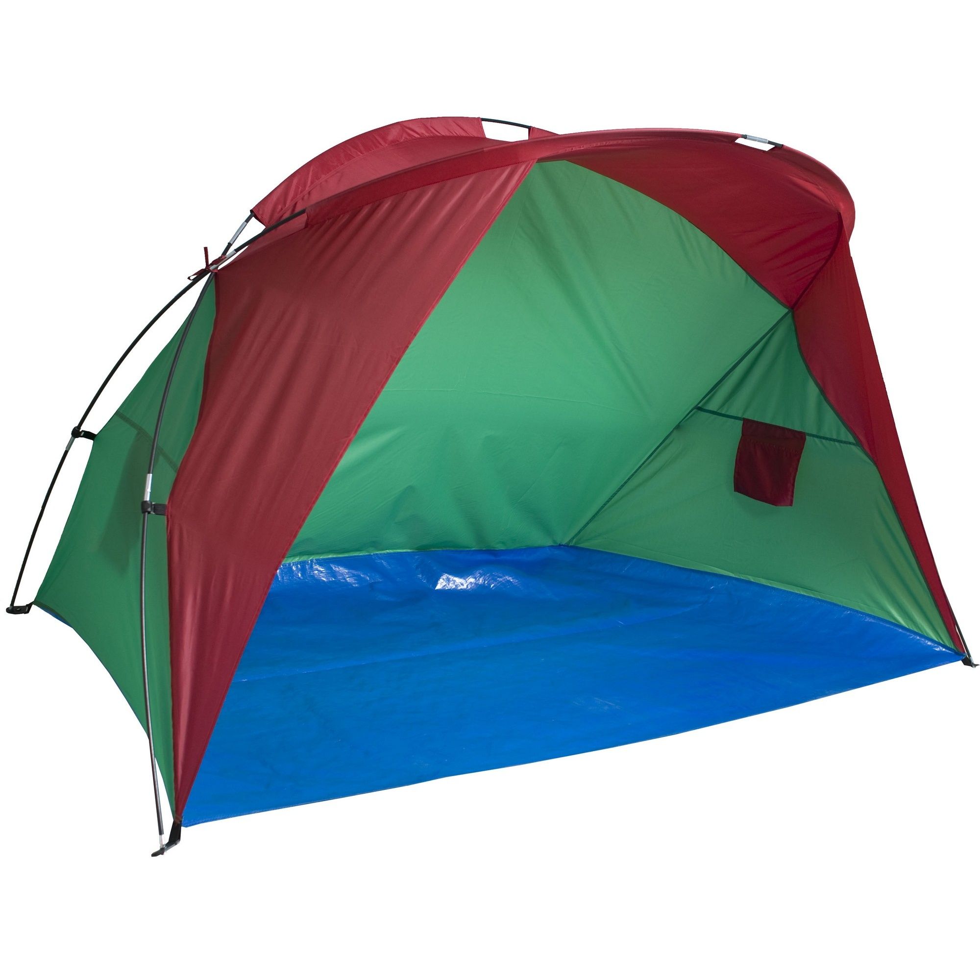100% polyester. Beach tent shelter. Fibre glass poles. Includes guy ropes and tent pegs. Water resistant floor sheet. Dimensions: 125cm (H)x 240cm (W)x 115cm (D).