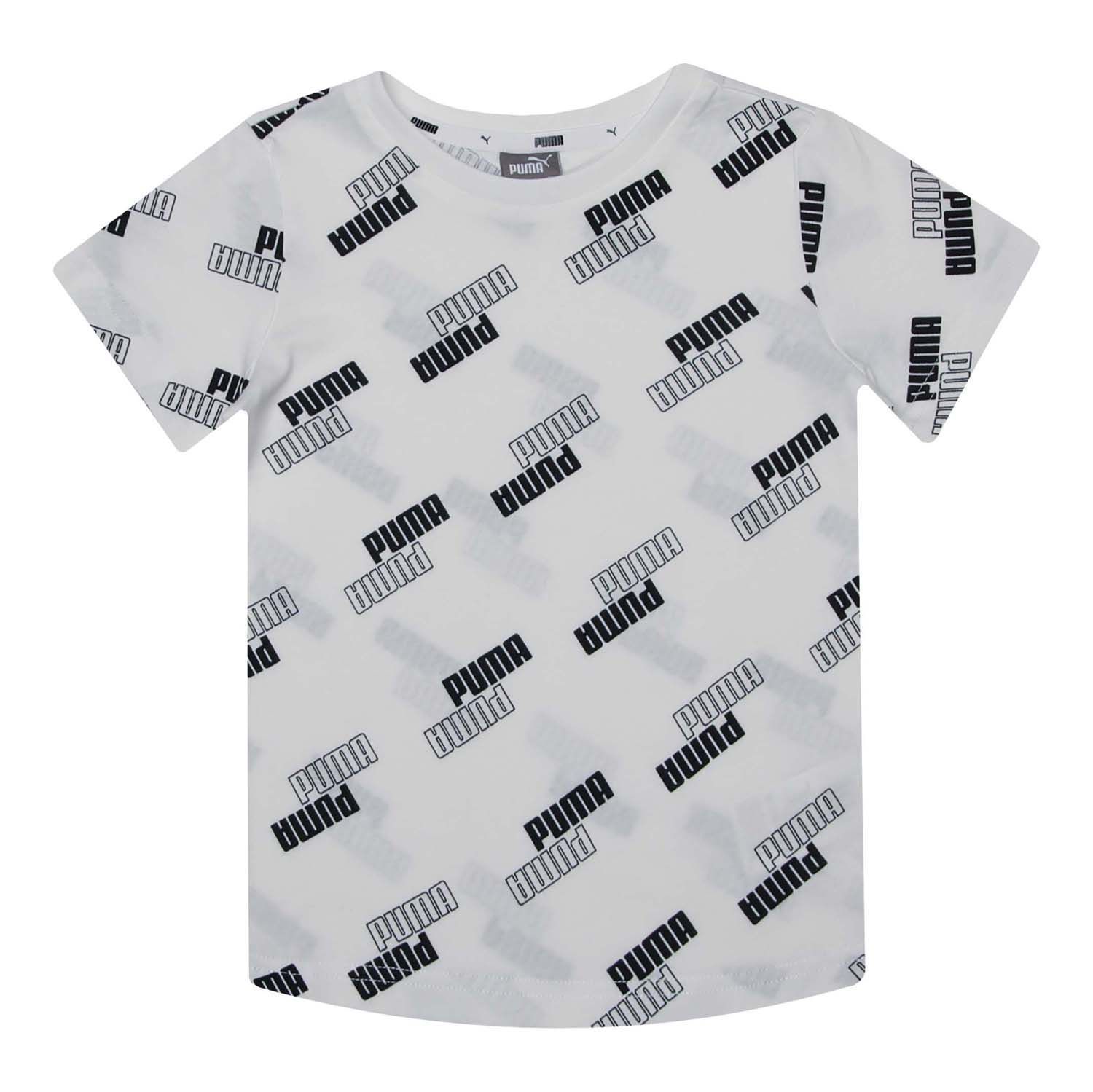 Junior Boys Puma Power T- Shirt in white.- Rib crew neck.- Short sleeves.- Graphic all over print with repeated Puma Wordmark.- Regular fit.- Shell: 100% Cotton. - Ref: 84560402E