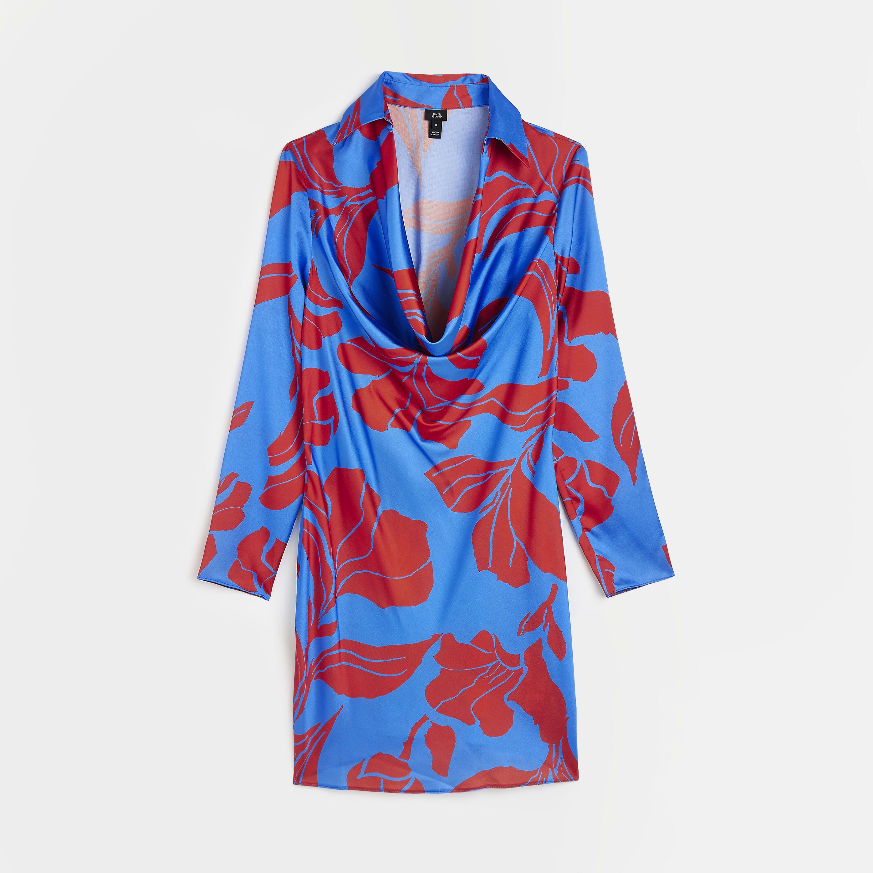 River Island Womens Shirt Dress Blue Blake Satin Cowl