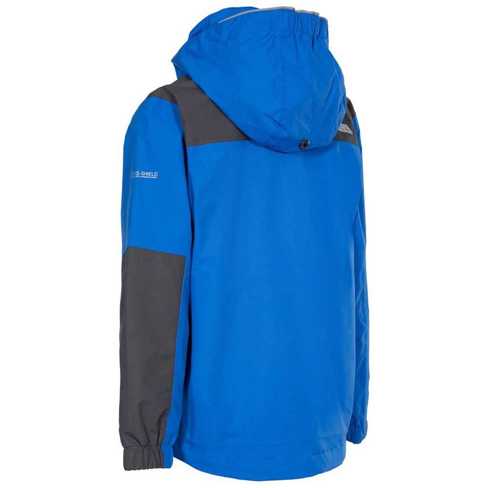 2 colour jacket with contrast panels. 2 zip pockets. Elasticated cuffs. Side hood elastication. Detachable stud off hood. Reflective piping on hood. Hem drawcord. Waterproof 3000mm, windproof, taped seams. Shell: 100% Polyamide, PU coating, Lining: 100% Polyester. Trespass Childrens Chest Sizing (approx): 2/3 Years - 21in/53cm, 3/4 Years - 22in/56cm, 5/6 Years - 24in/61cm, 7/8 Years - 26in/66cm, 9/10 Years - 28in/71cm, 11/12 Years - 31in/79cm.