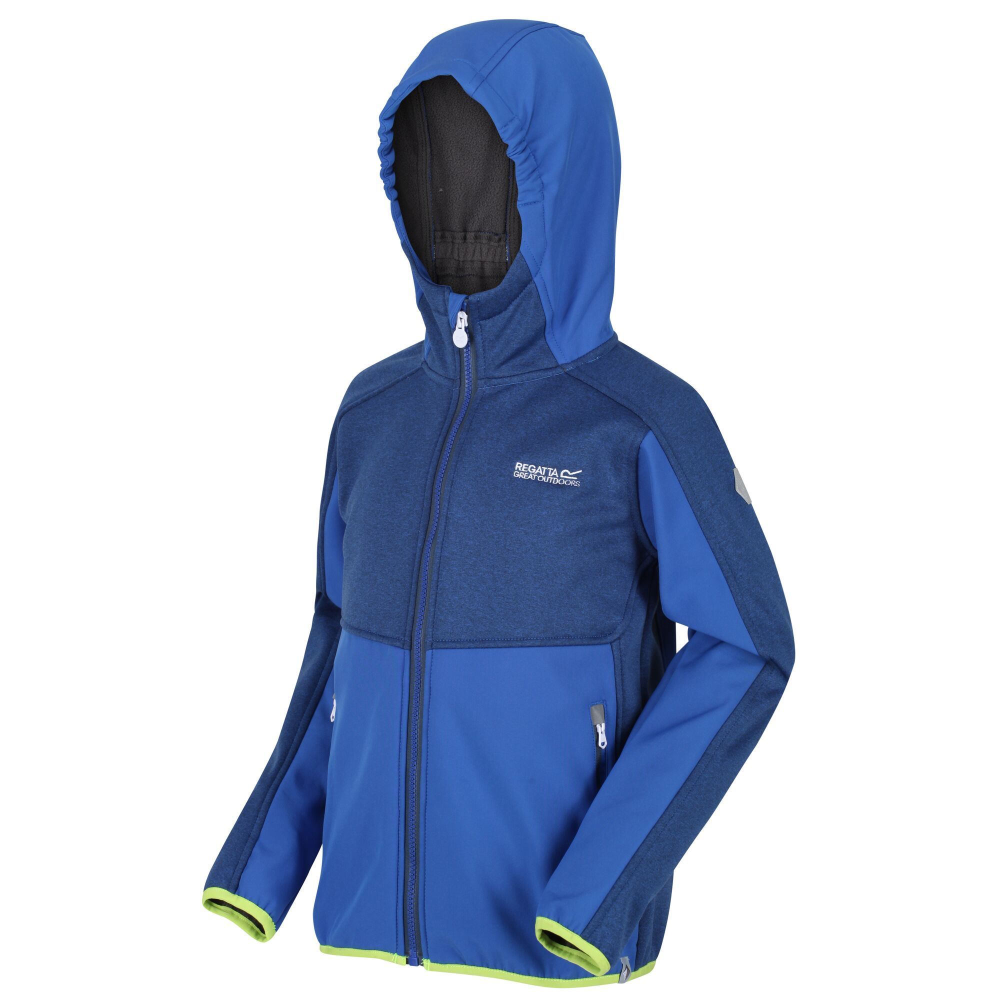 Material: 96% Polyester, 4% Elastane. Durable, water-repellent jacket made from warm backed woven stretch Softshell fabric. Elasticated hood and stretch binding to cuffs and hem. 2 zipped lower pockets. Regatta outdoors logo badge on the sleeve.