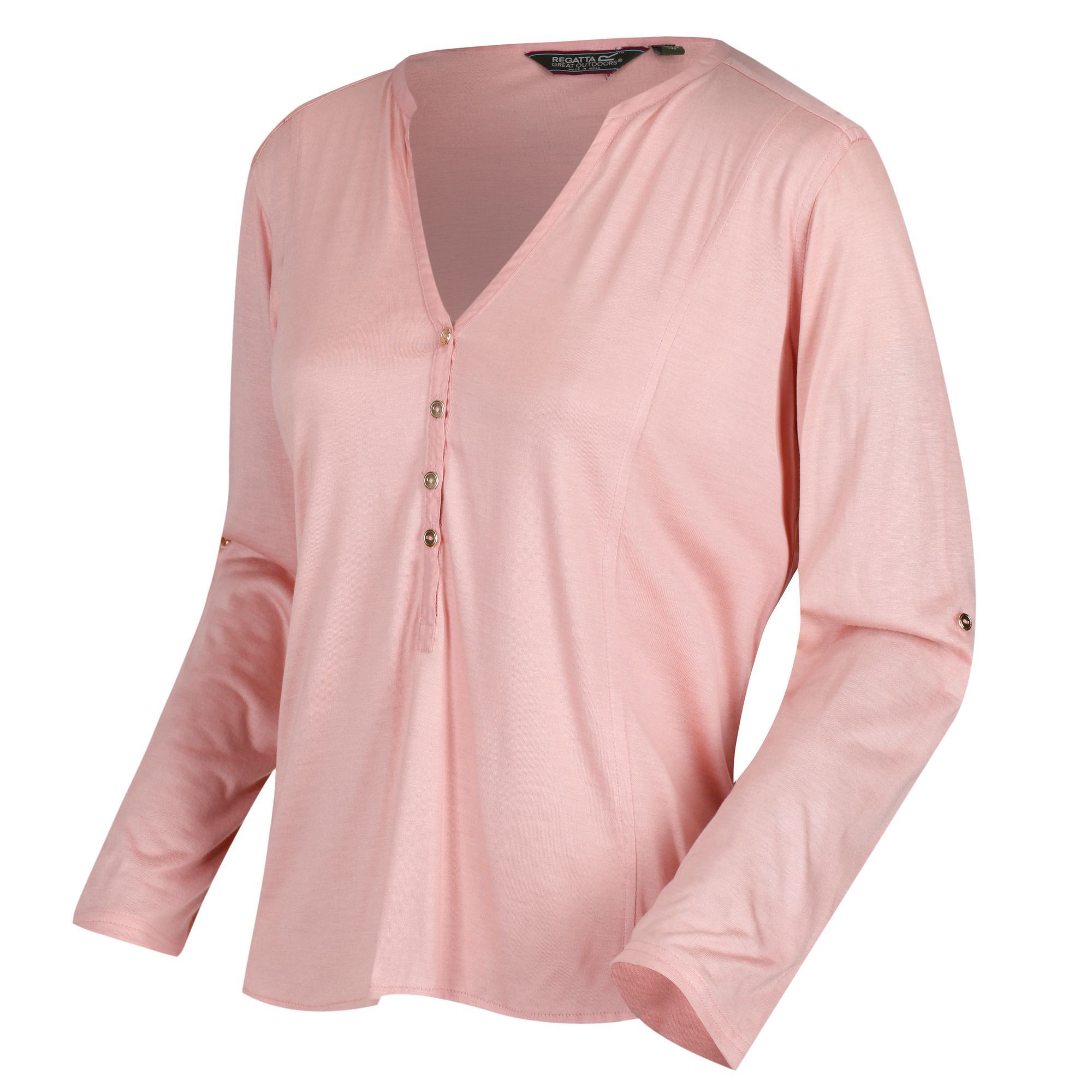 100% Viscose. 4 button narrow placket. Woven fabric trim detail. Roll up sleeves with button tab.