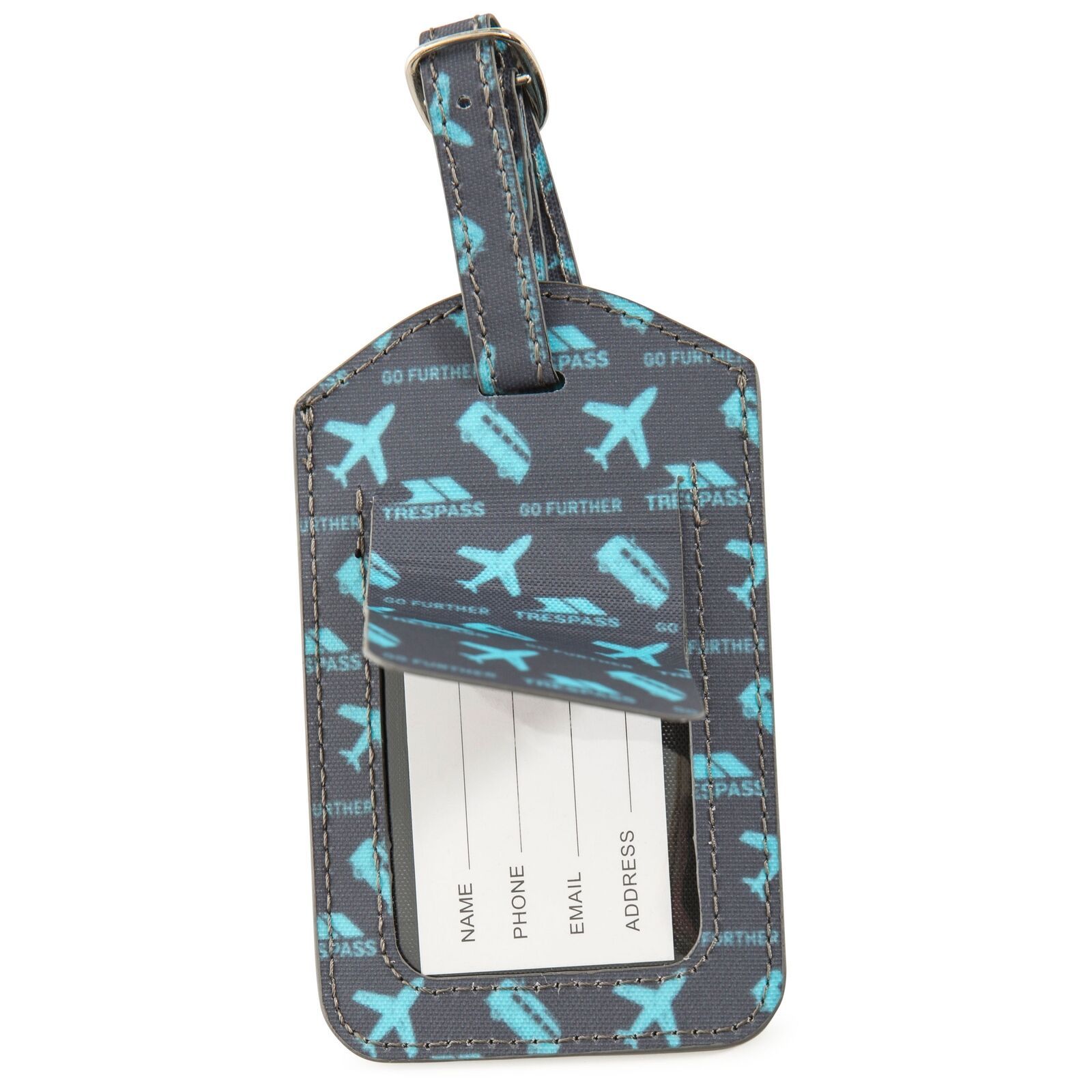 PU with bonded textile print. Name, address and contact panel. Security flap. Buckled strap. Display sleeve.