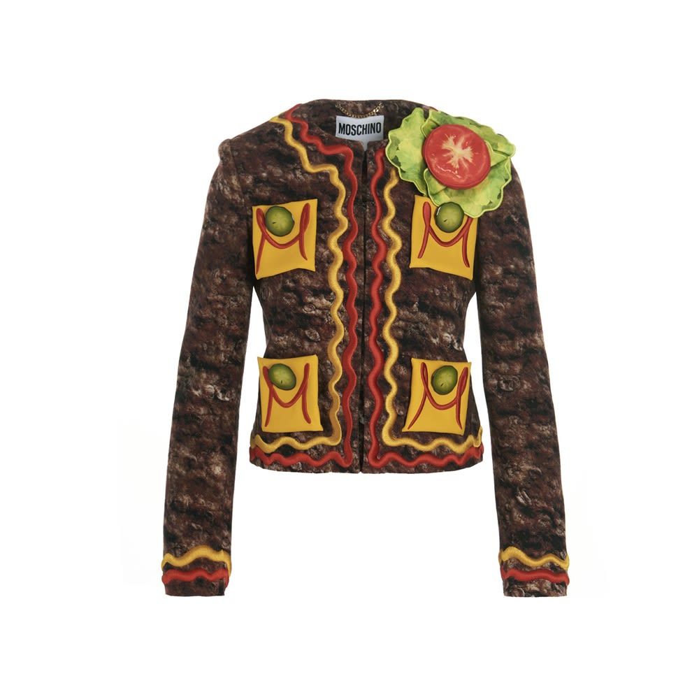 'Hamburger' wool single breast blazer jacket featuring an hamburger-themed application, and a cropped style.