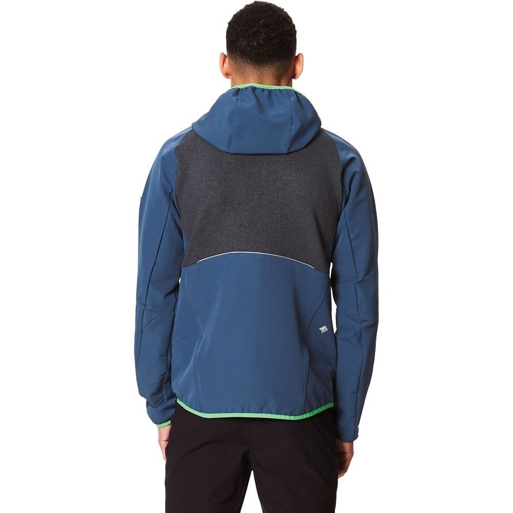 Mens hooded jacket made of Isoflex active stretch fabric. Wool mix panels to the body. Wind resistant. Grown on hood. 2 zipped lower pockets. Stretch binding to hood opening, cuffs, and hem. Ideal for wearing outdoors on a cold day. 5% Elastane, 95% Polyester.