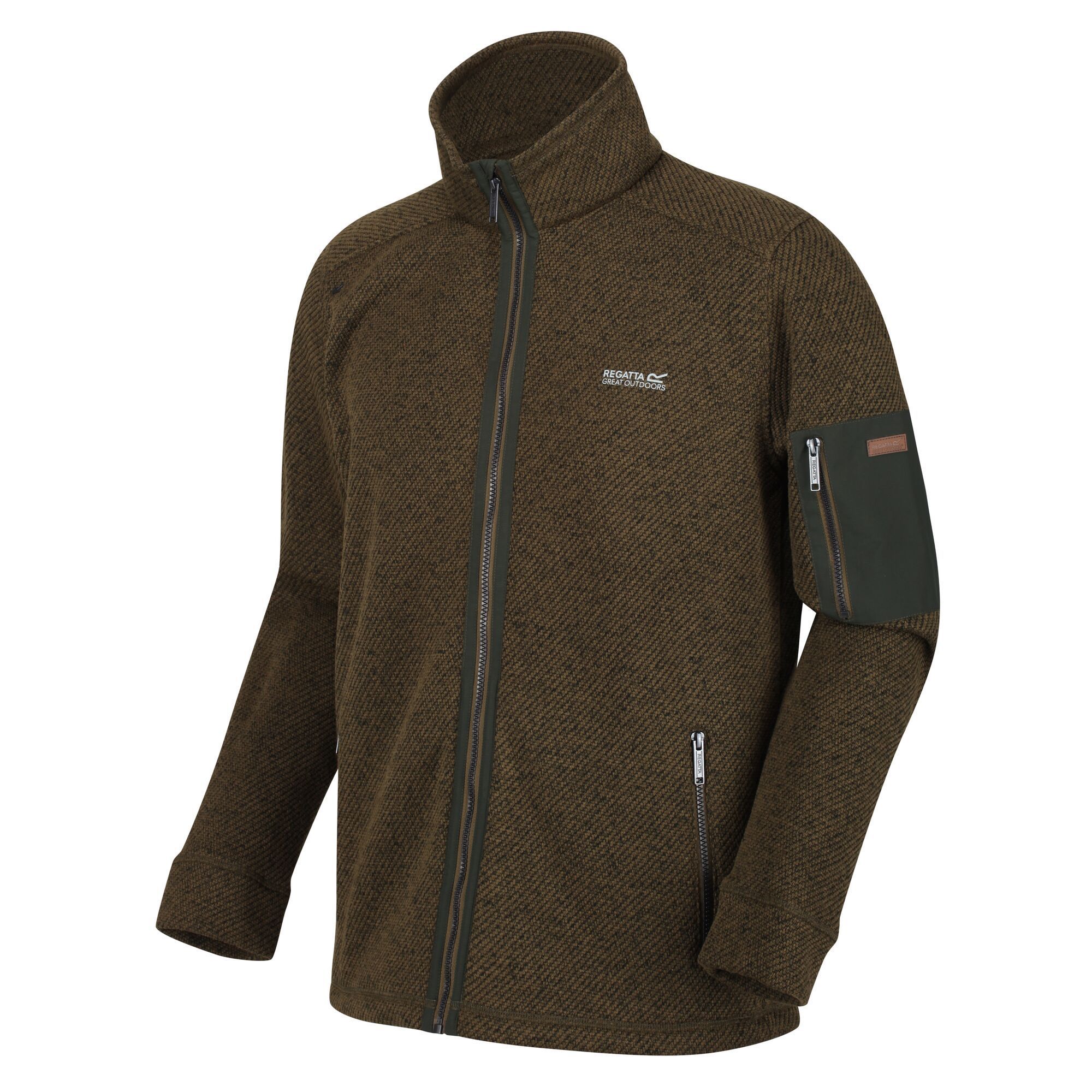 Material: 100% Polyester 245gsm diagonal knit effect fabric. Warm, soft and lightweight fleece with sleeve pocket. 2 lower zipped pockets. Breeze-blocking stand collar. Regatta outdoors logo badge on left sleeve.