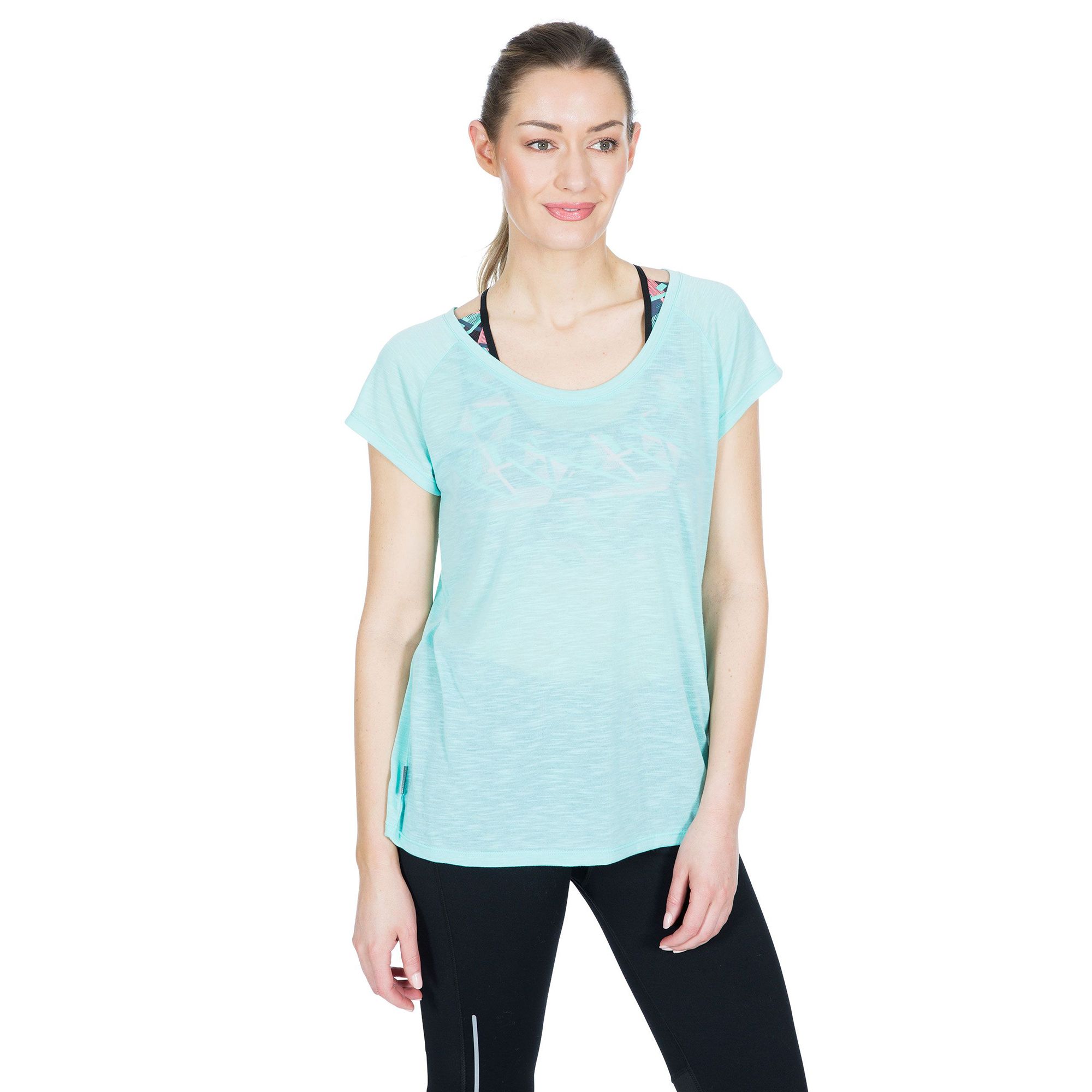Short sleeve. Scooped neck. Relaxed fit. Contrast inner back neck binding. Reflective printed logos. Quick dry. 100% Polyester. Trespass Womens Chest Sizing (approx): XS/8 - 32in/81cm, S/10 - 34in/86cm, M/12 - 36in/91.4cm, L/14 - 38in/96.5cm, XL/16 - 40in/101.5cm, XXL/18 - 42in/106.5cm.