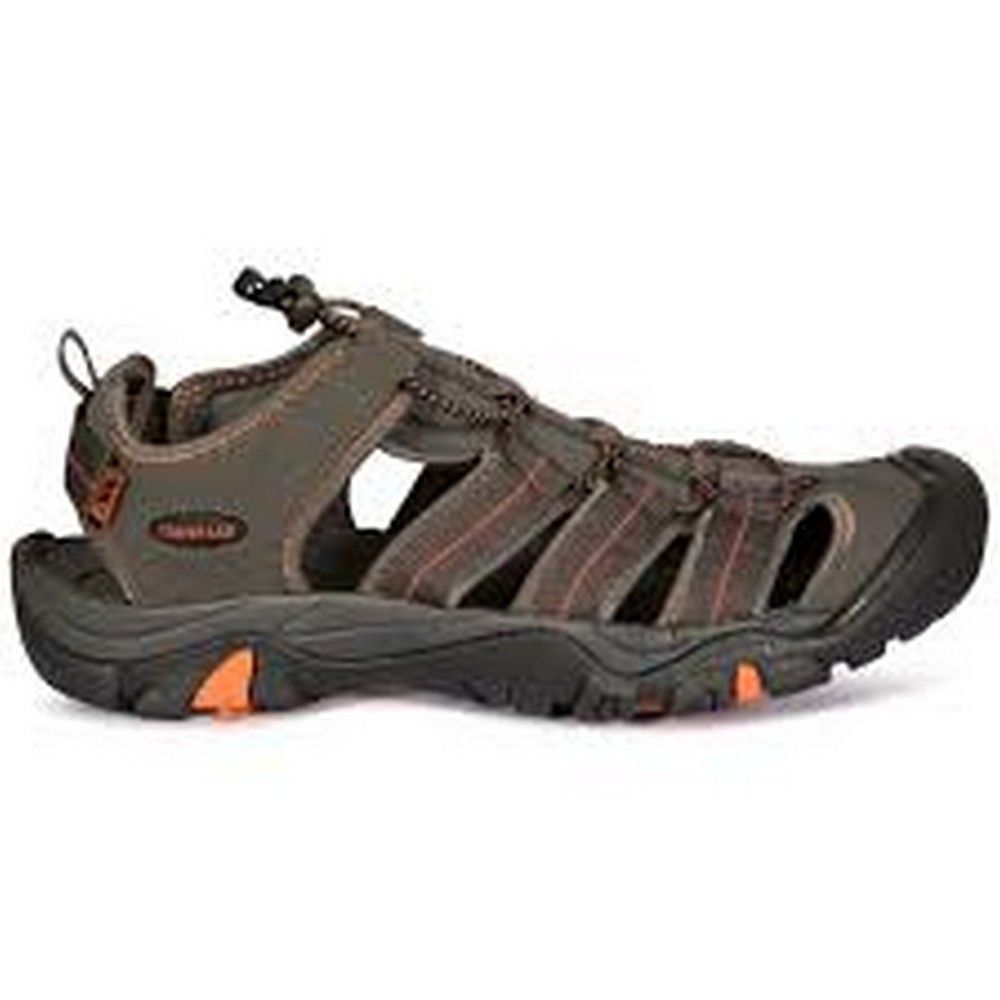 Protective hiking sandal. Closed toe. Hook and loop ankle step. Adjustable pull cord. Cushioned and moulded footbed. Durable traction outsole. Upper: textile/PU. Midsole: moulded EVA. Outsole: rubber.