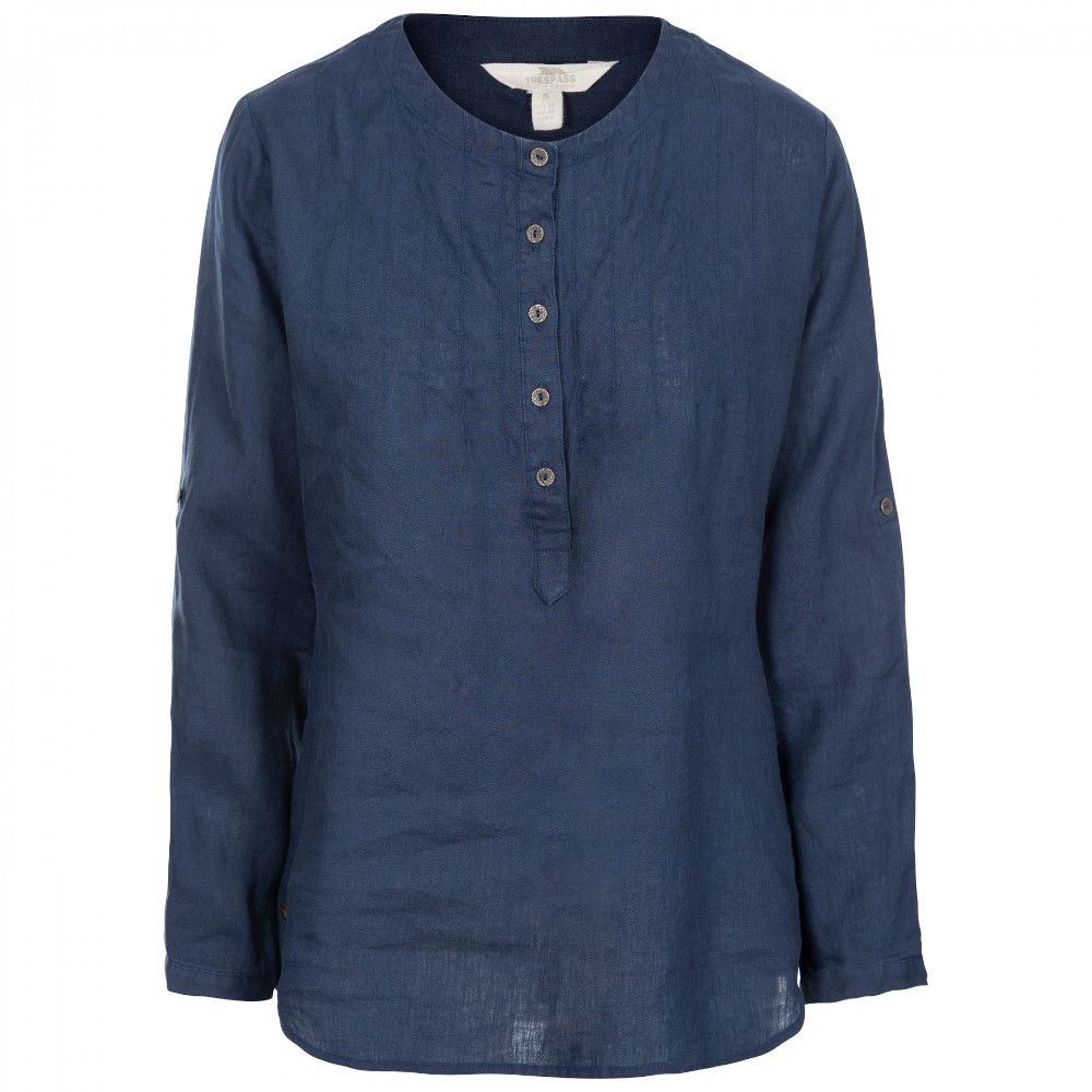 Designed with naturally wicking and cooling fabric to keep you fresh all day long. Collarless round neck. Half length button placket. Pintuck detail at chest. Long sleeve with roll back tab. Longer length scooped hem. Fabric tie belt at back of waist. Material : 100% Linen.