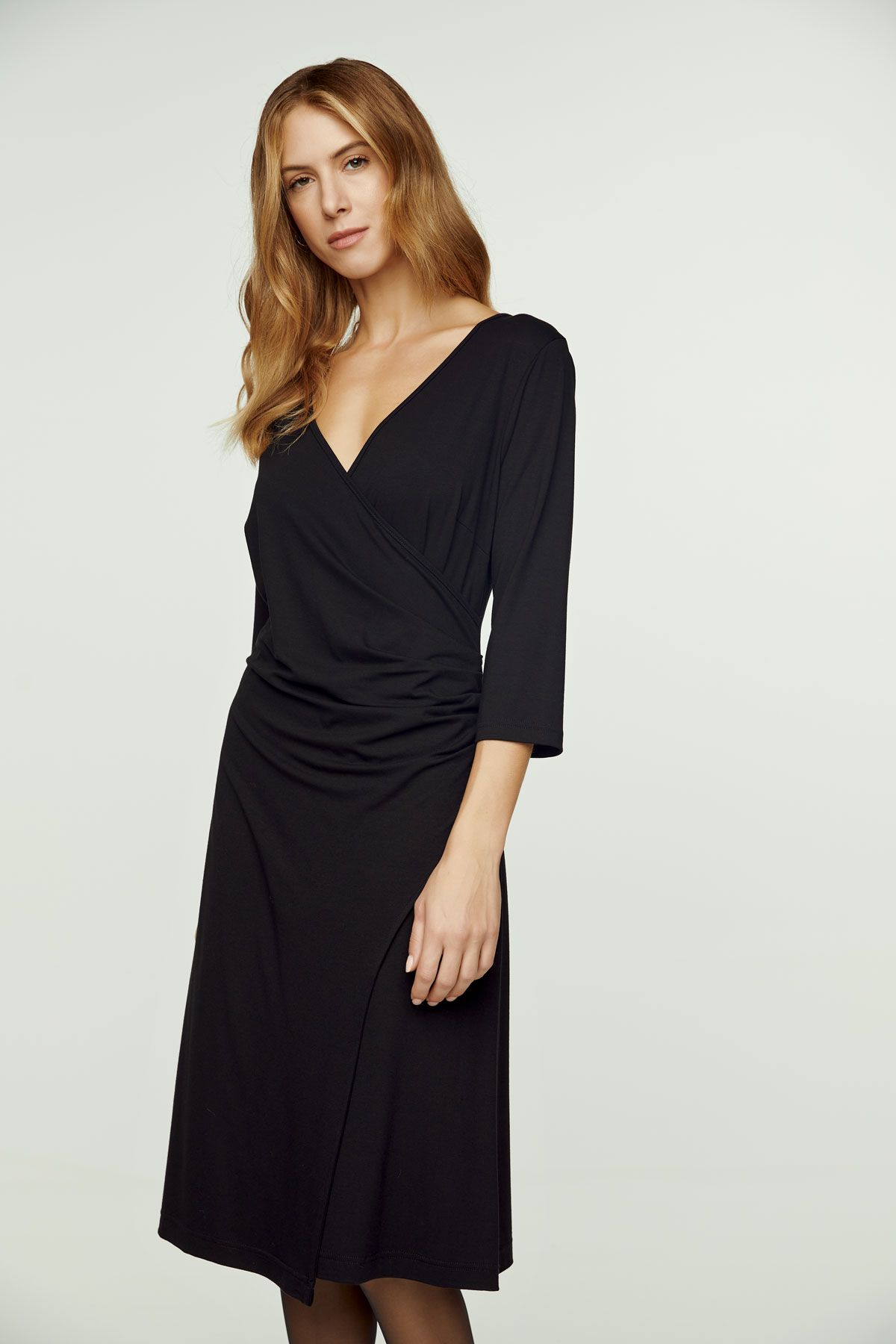 Black Faux Wrap Dress in Sustainable Fabric