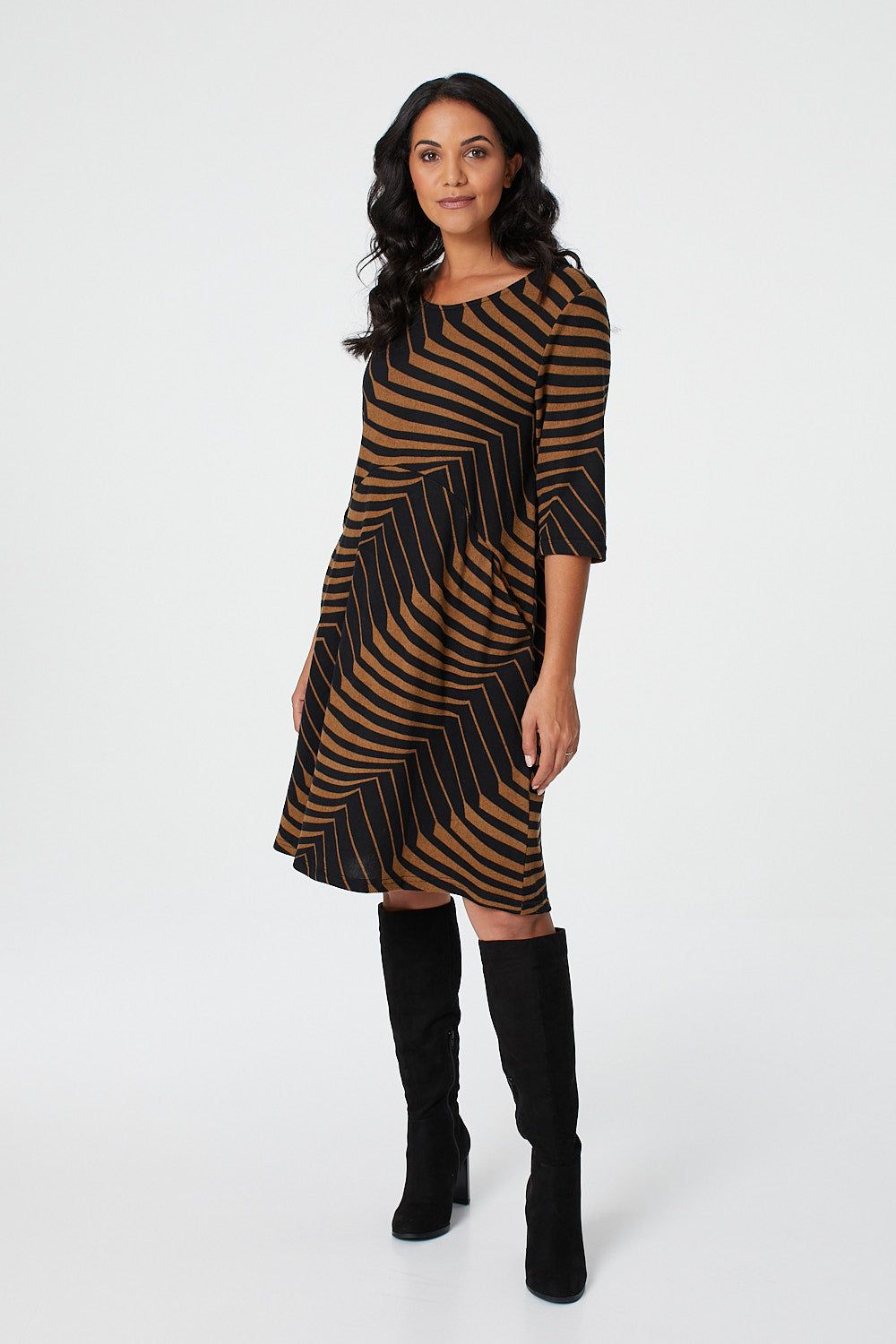 Striped 3/4 Sleeve Tunic Dress