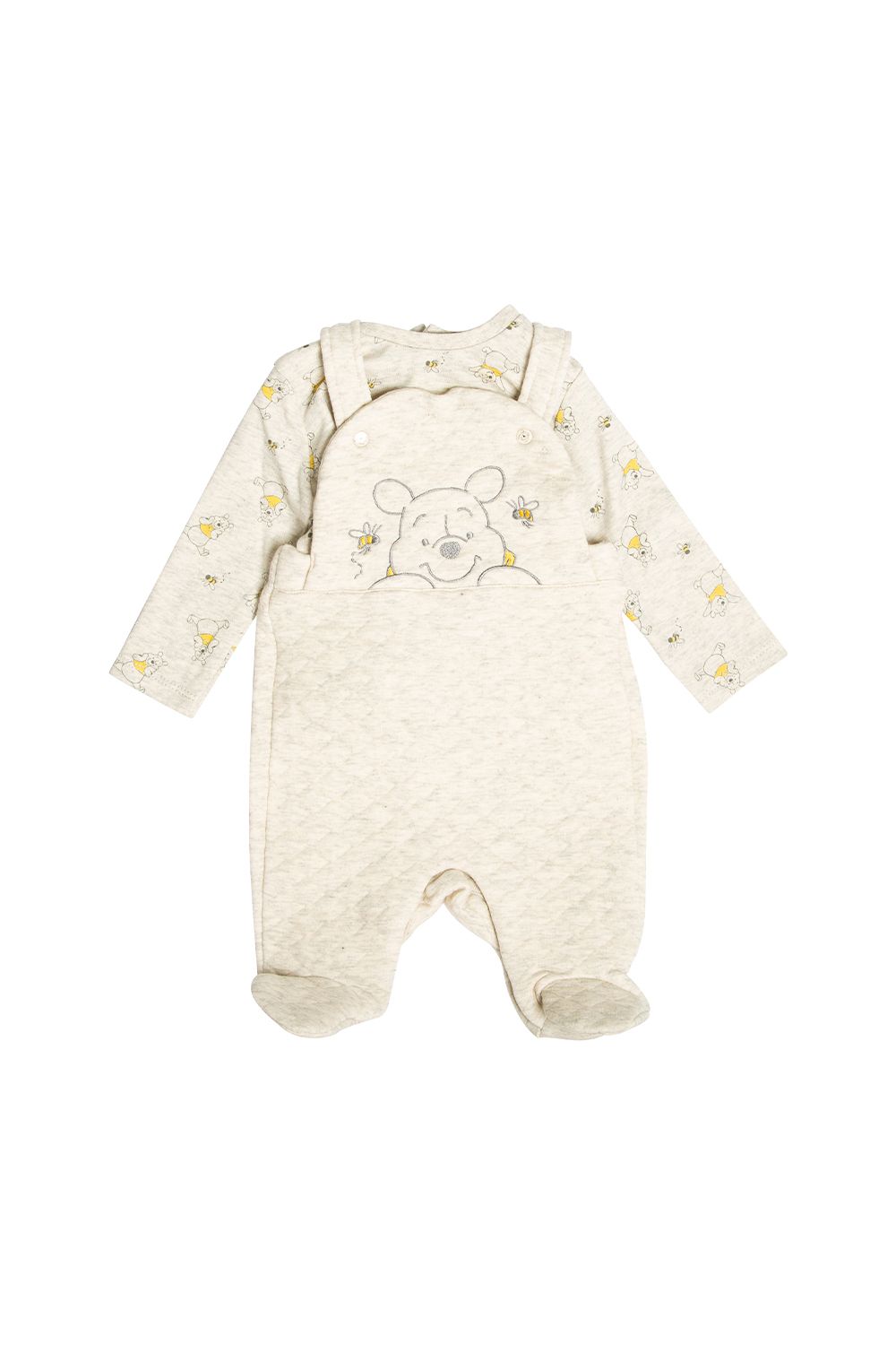 This adorable Disney Baby two-piece set features a Winnie the Pooh print. The set comes with an all-over printed, long sleeve top and a pair of quilted, footed dungarees. Both the top and dungarees are cotton, with popper fastenings, keeping your little one comfortable. This would make a lovely new addition to your little ones wardrobe!
